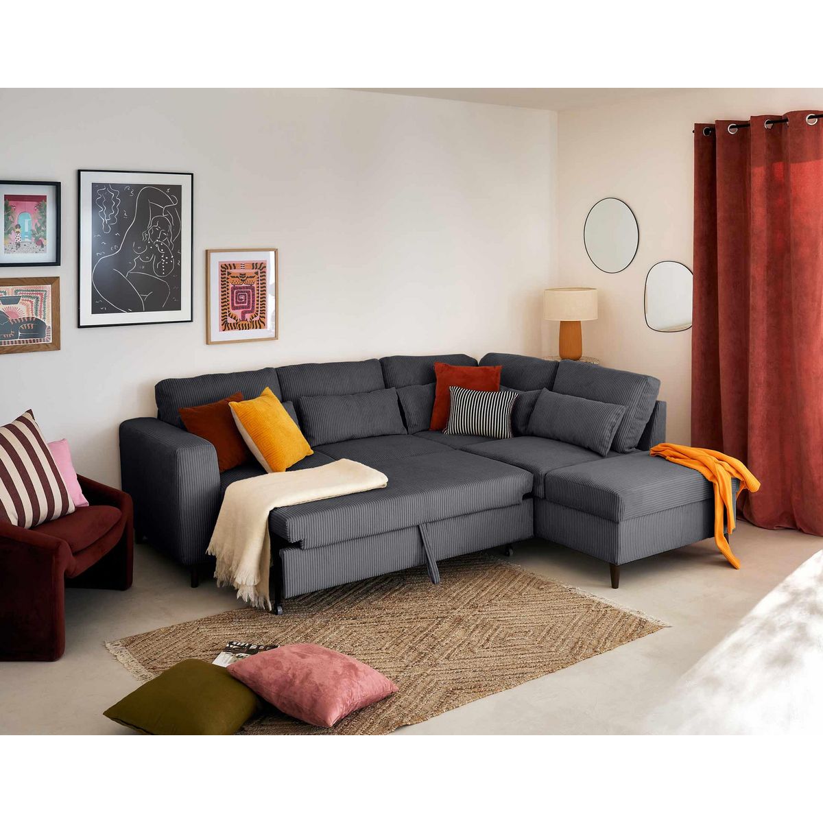 BEST MOBILIER Aubepine - canapé d'angle réversible 5 places - convertible avec coffre - en velours côtelé