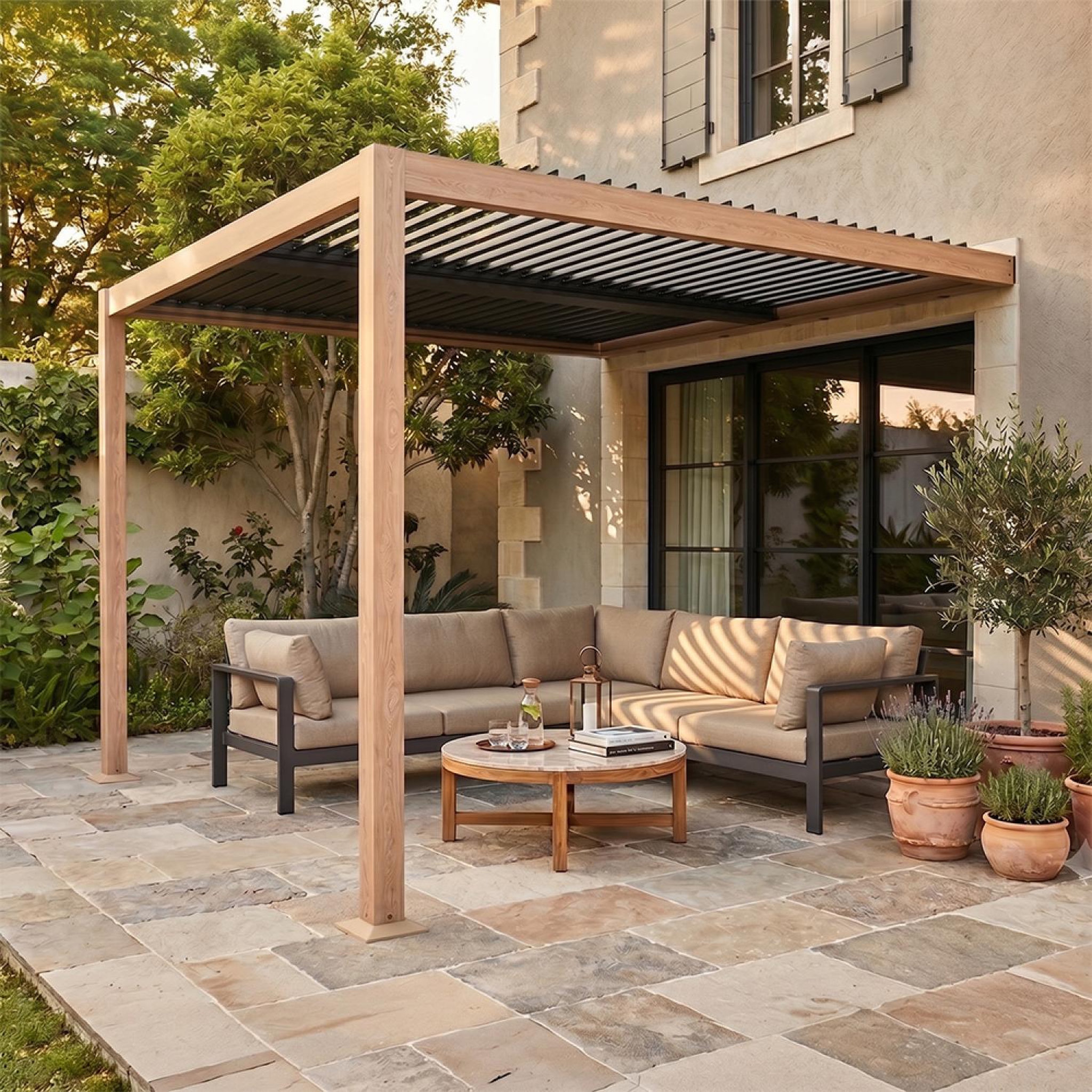 Voir la diapositive 4 : CONCEPT USINE Pergola bioclimatique 3x3m adossée effet bois sifnos