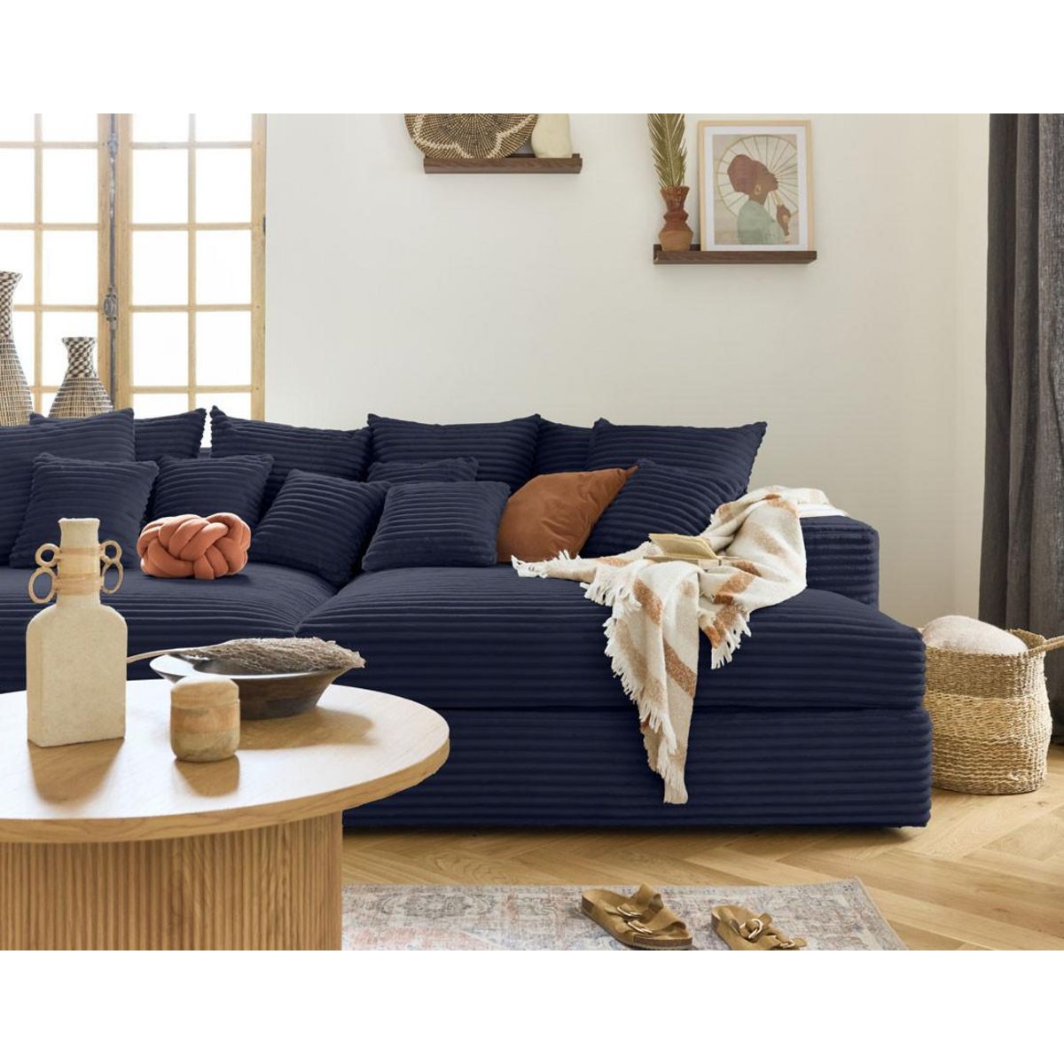 LISA DESIGN Collins - canapé droit 4 places avec double méridienne - assise profonde - velours côtelé grosses côtes