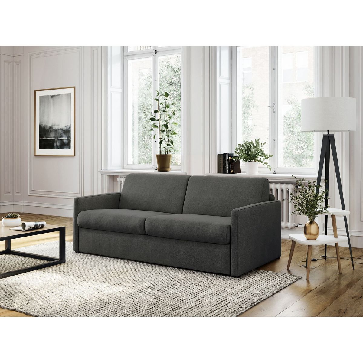 Canapé droit convertible système couchage express 3 places en tissu Gris clair ALICE