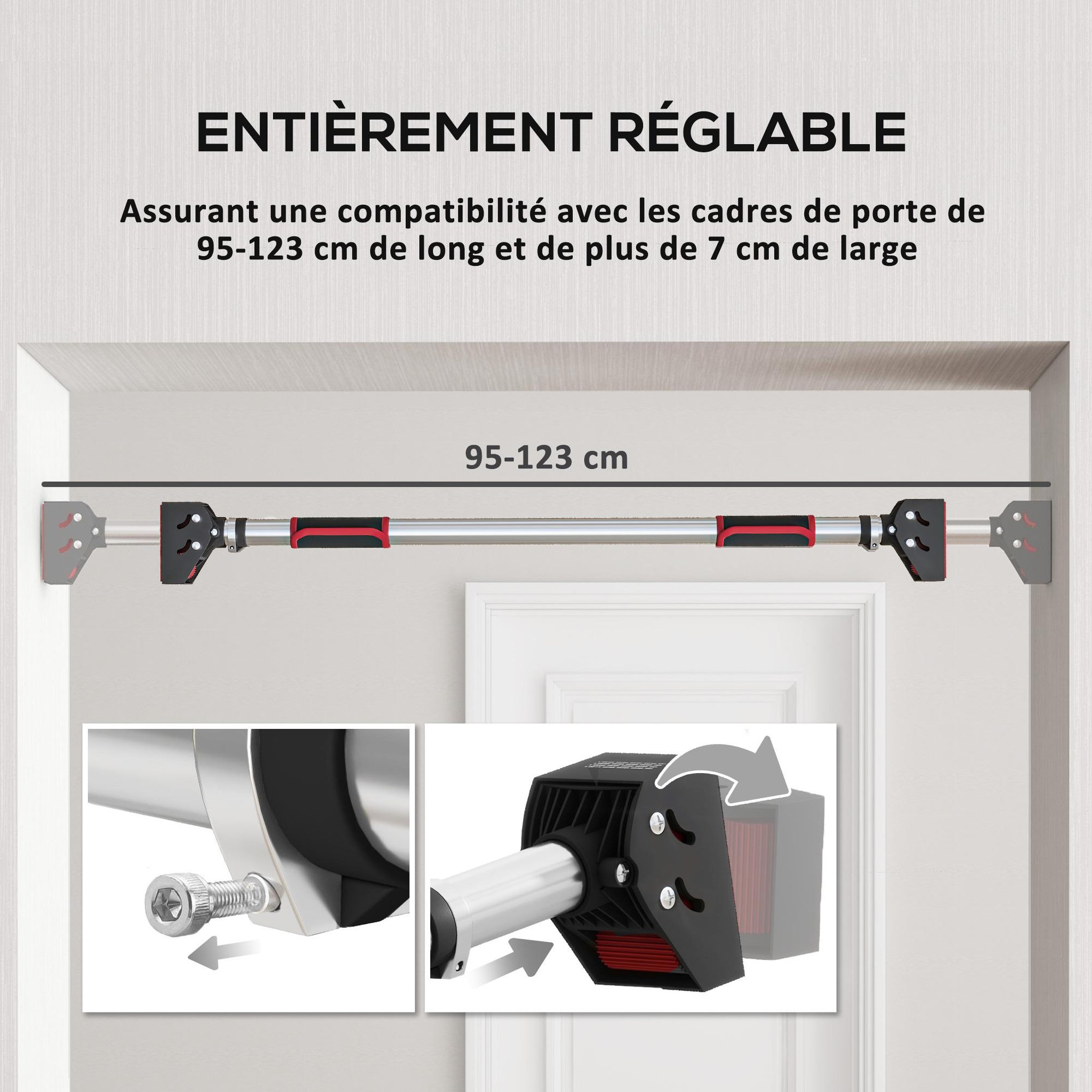 Voir la diapositive 5 : HOMCOM Barre de traction - barre de porte - pull up bar - barre d'étirement musculation pour cadres de porte sans vis - longueur ajustable (92-124cm)