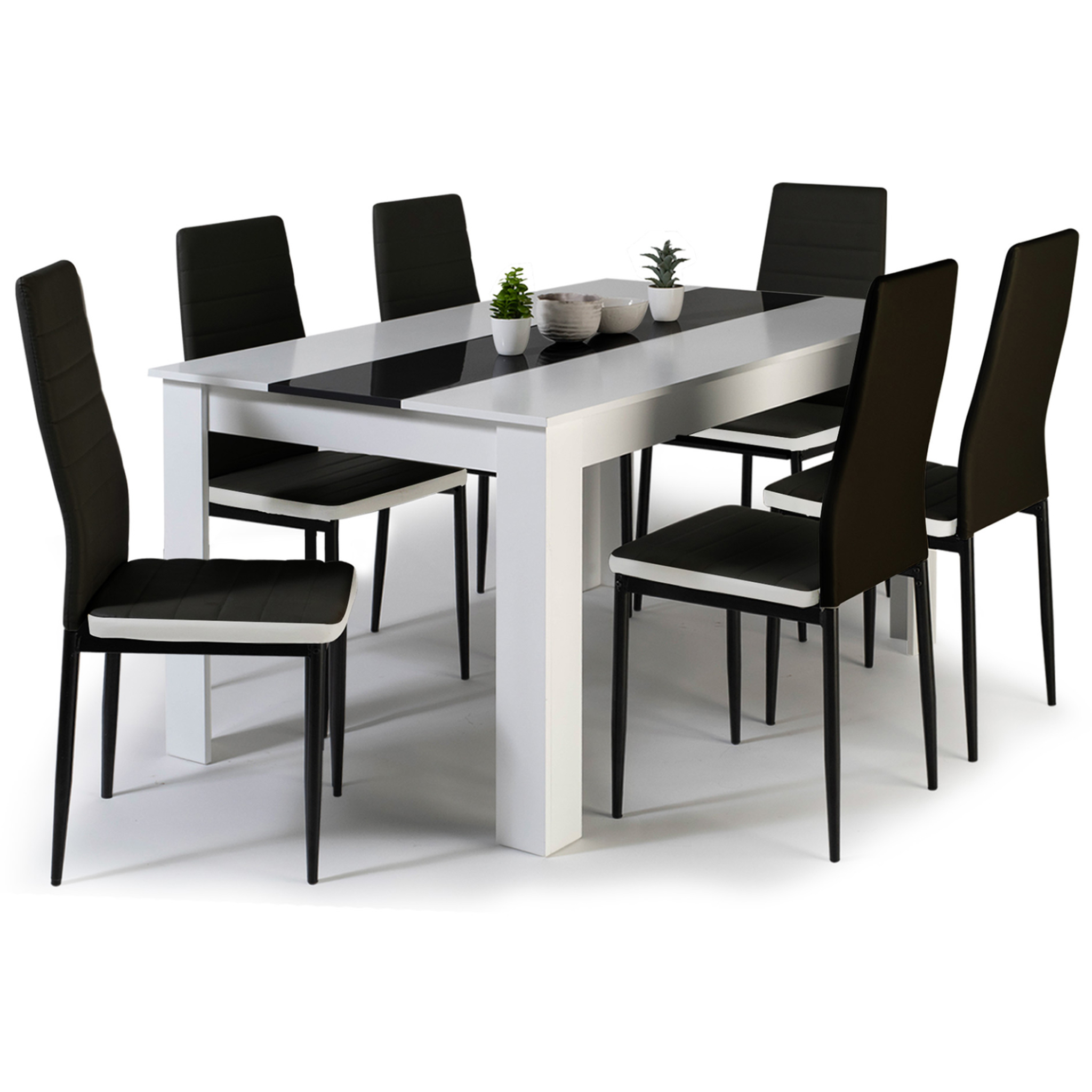 ID MARKET Ensemble table à manger georgia 140 cm blanche et noire et 6 chaises romane noires liseré blanc
