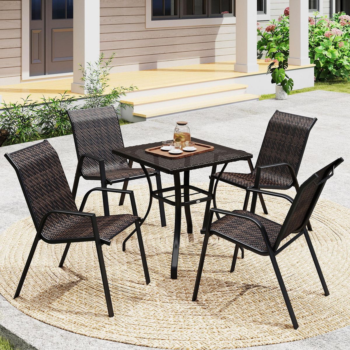 OUTSUNNY Lot de 4 chaises de jardin empilables - accoudoirs - design - acier époxy noir résine tressée marron