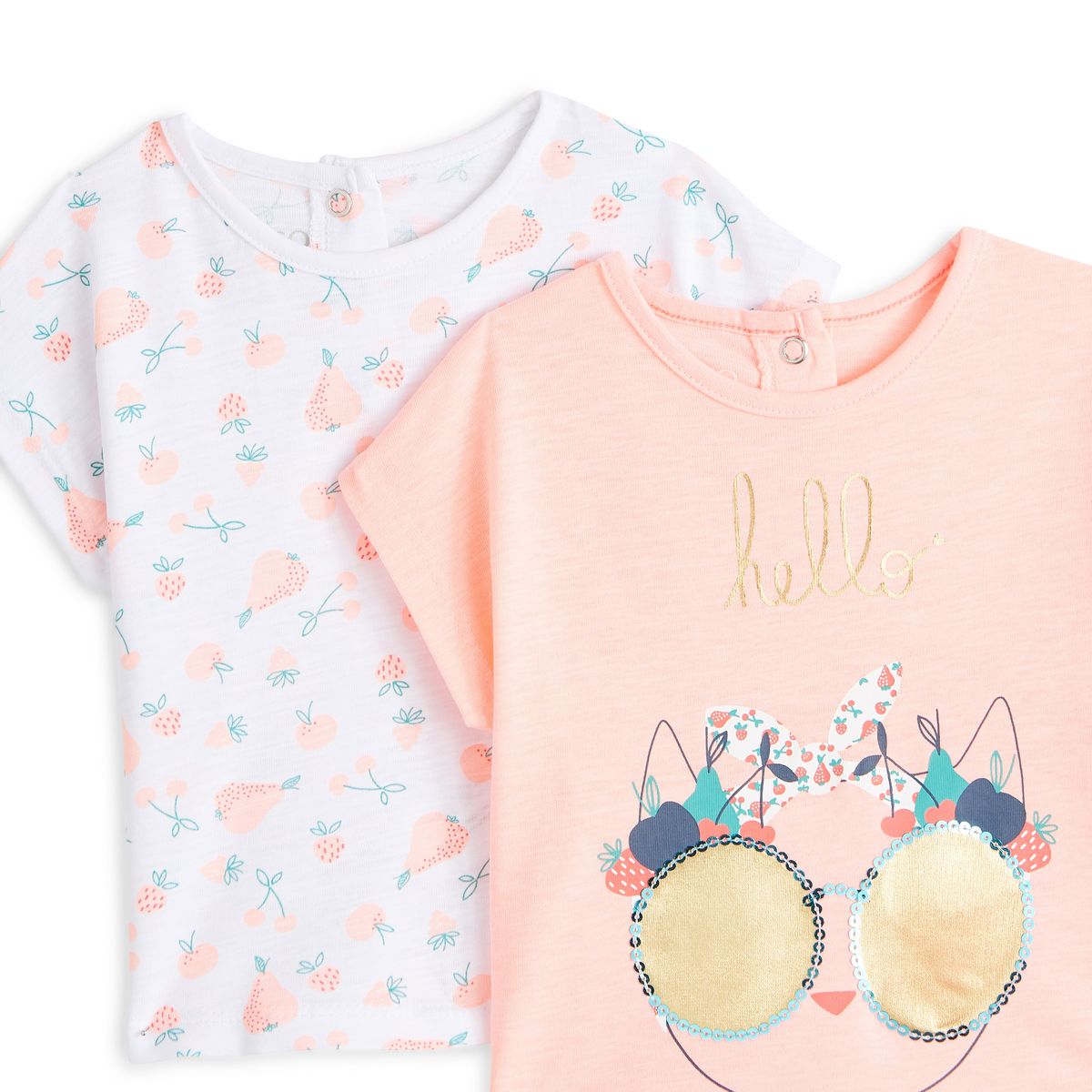 INEXTENSO Lot de 2 t-shirts manches courtes chat bébé fille