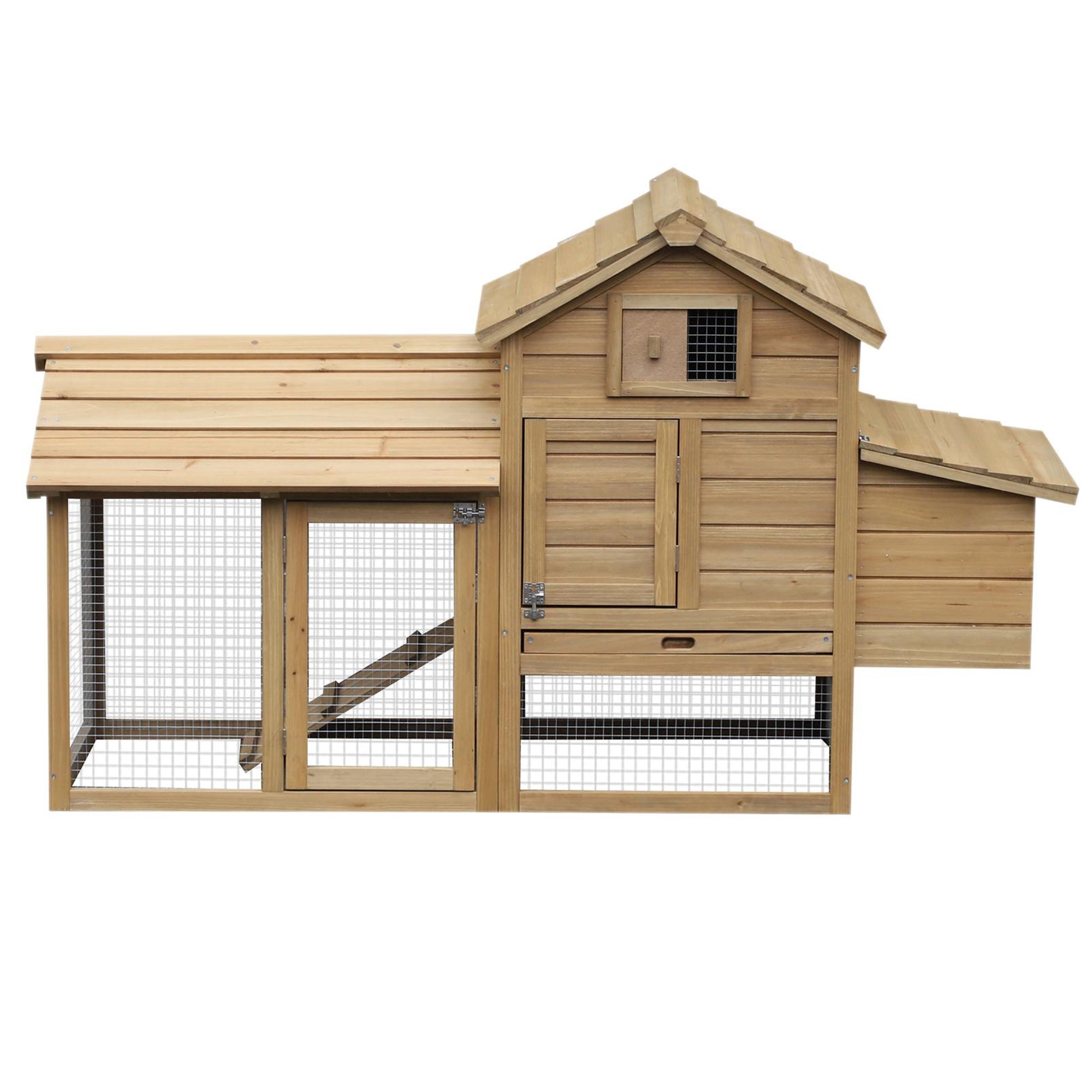 Voir la diapositive 4 : PAWHUT Poulailler cottage cage à poules sur pied dim. 151L x 54l x 87H cm multi-équipement bois pin