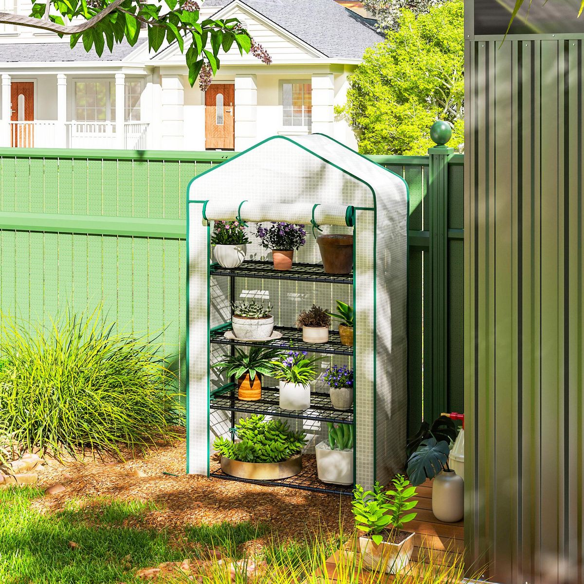 OUTSUNNY Serre de jardin balcon 4 étagères dim. 90 x 49 x 160 cm acier PE haute densité blanc