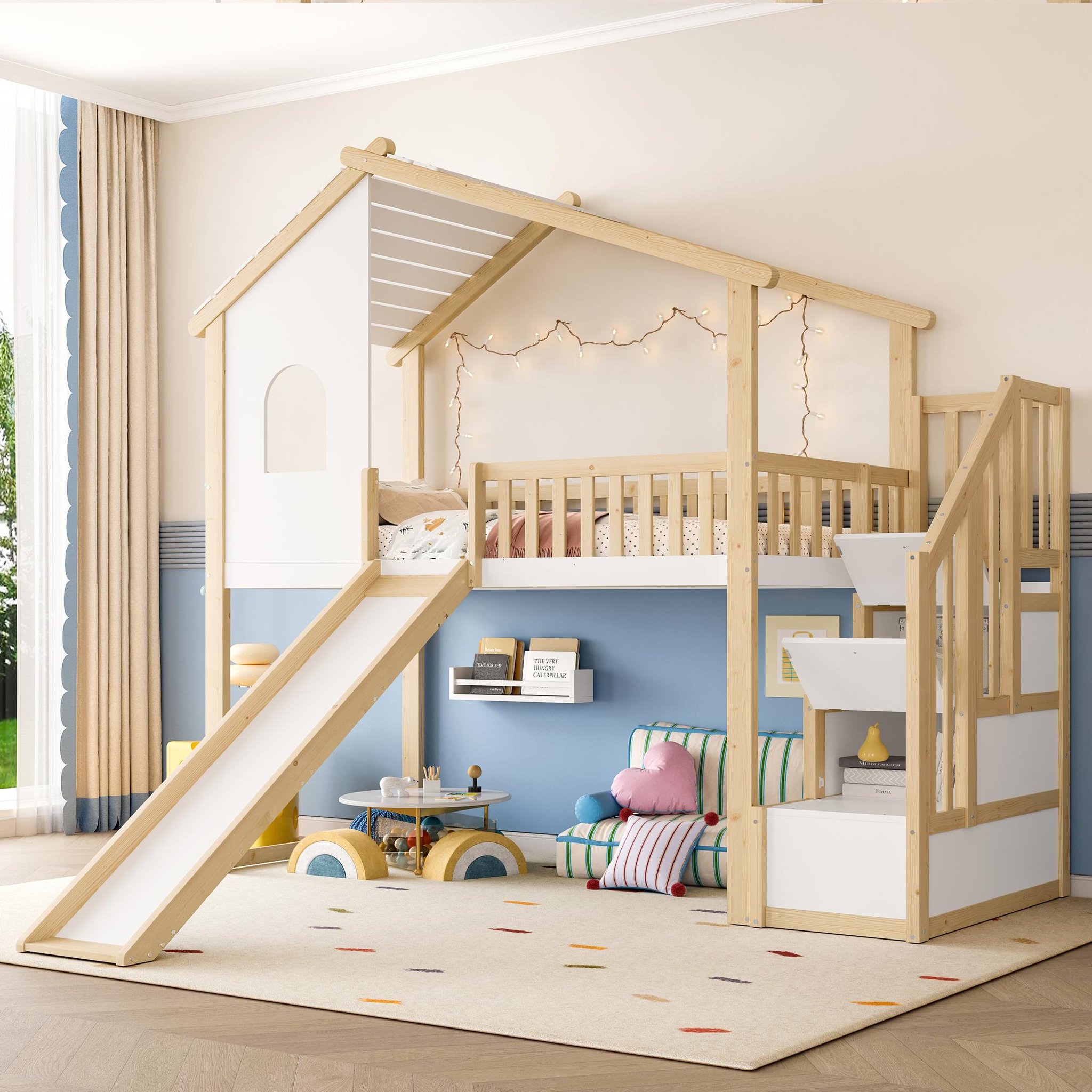 Voir la diapositive 4 : MERAX Lit combiné enfant 90x200cm coloris naturel+blanc pin
