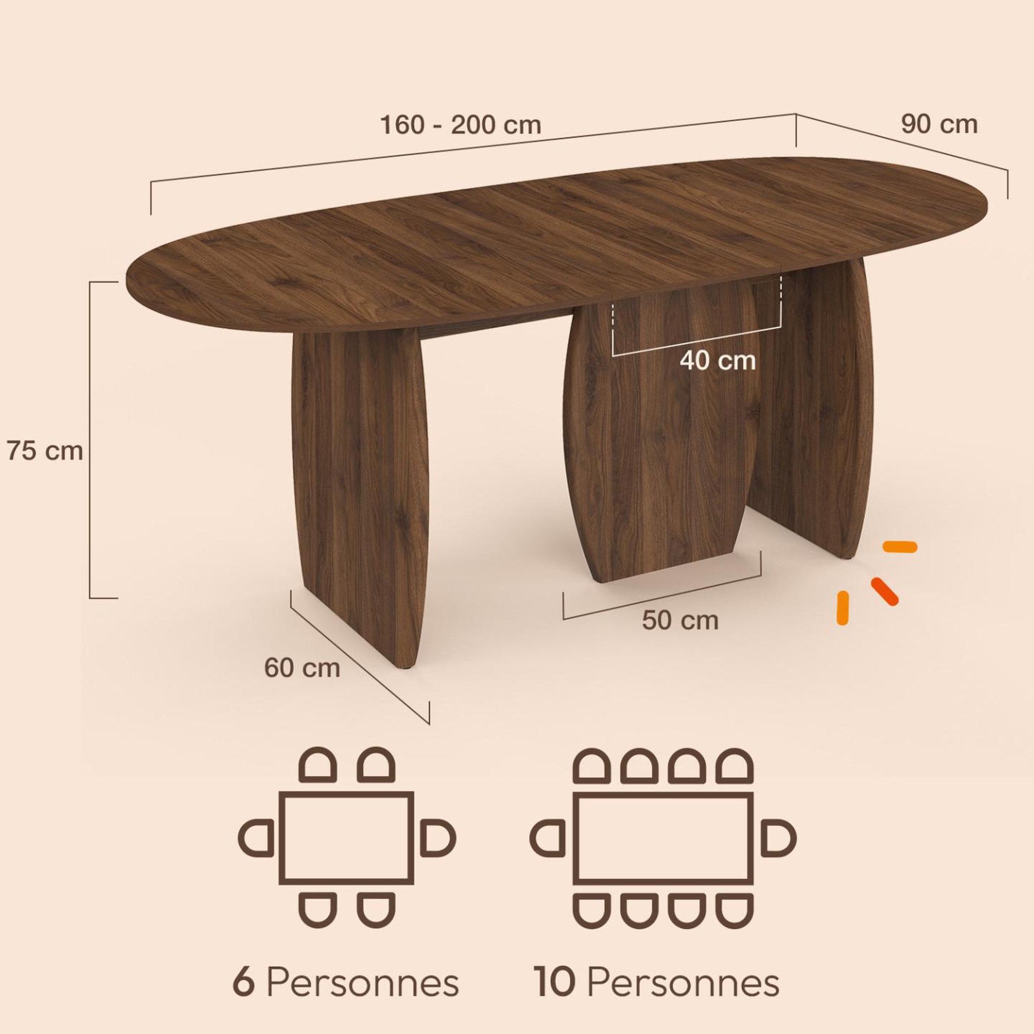 Voir la diapositive 4 : ID MARKET Table à manger extensible japandi ovale marilou 6-10 personnes 3 pieds noyer 160-200 cm