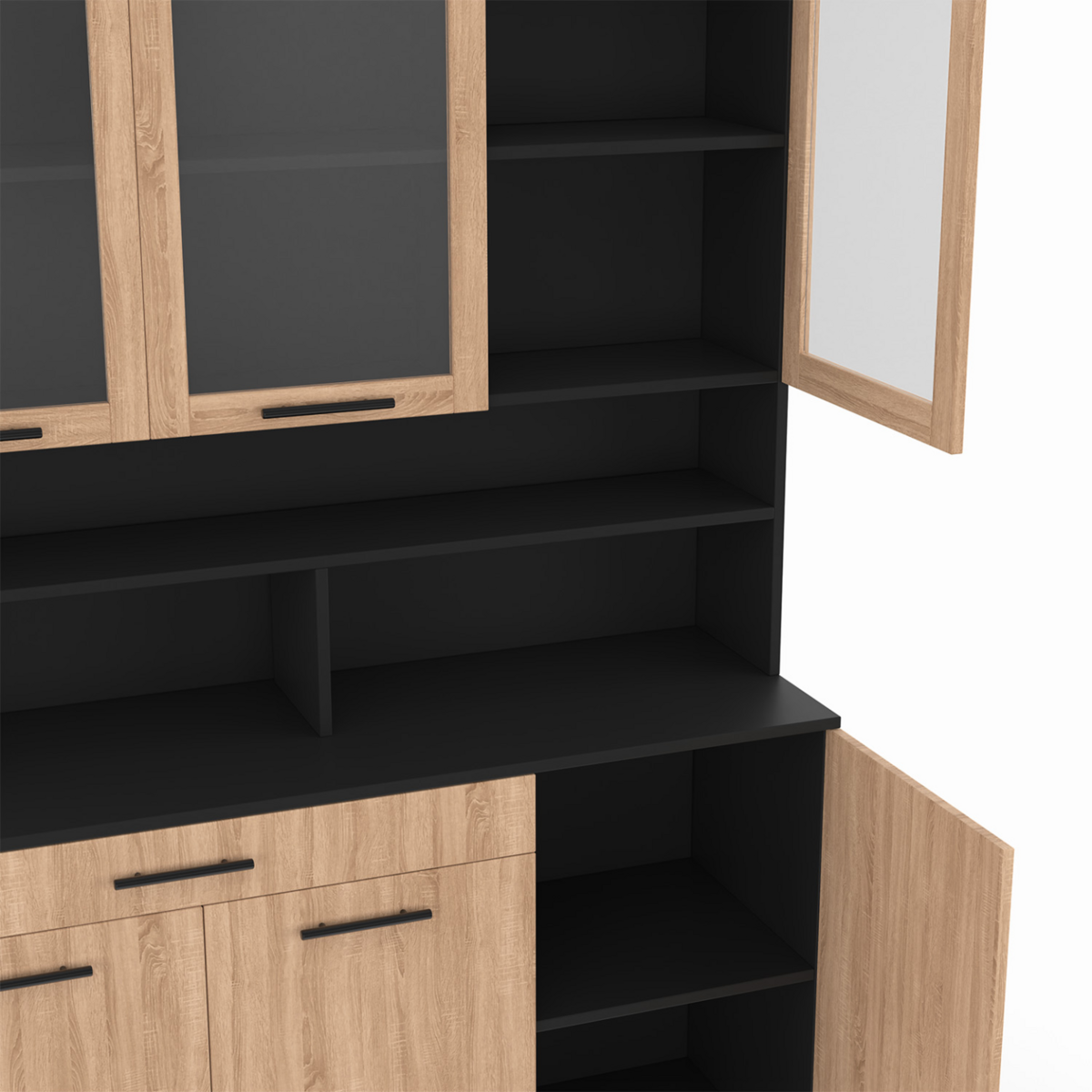 ID MARKET Buffet de cuisine vitré 120 CM CINA 6 portes + tiroir noir et façon hêtre