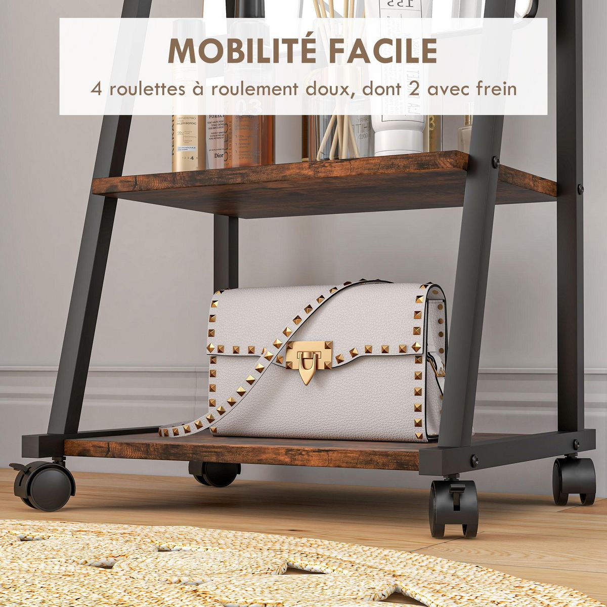 HOMCOM Miroir sur pied rectangulaire avec roulettes angle réglable 2 étagères dim. 42L x 37l x 155H cm verre bois rustique noir