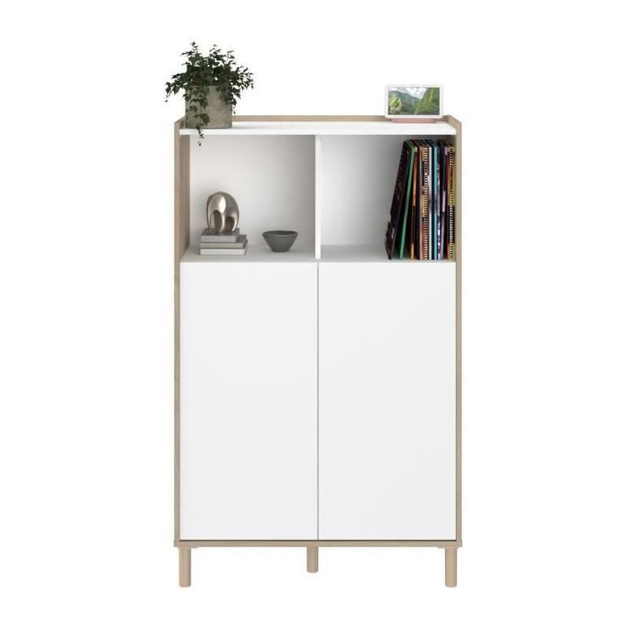 Voir la diapositive 2 : PARISOT Ensemble meuble de salon - Meuble TV, table basse relevable, bahut haut - MORPHOS - Décor blanc / Chene - PARISOT