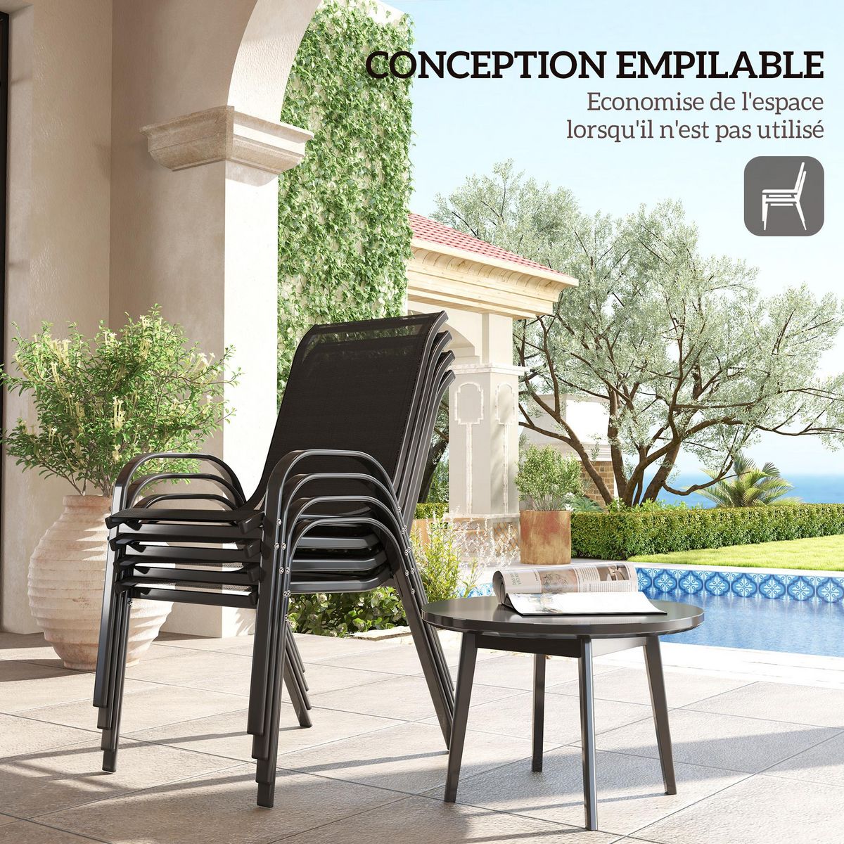 OUTSUNNY Lot de 4 chaises de jardin empilables - assise ergonomique, haut dossier, accoudoirs - acier textilène noir