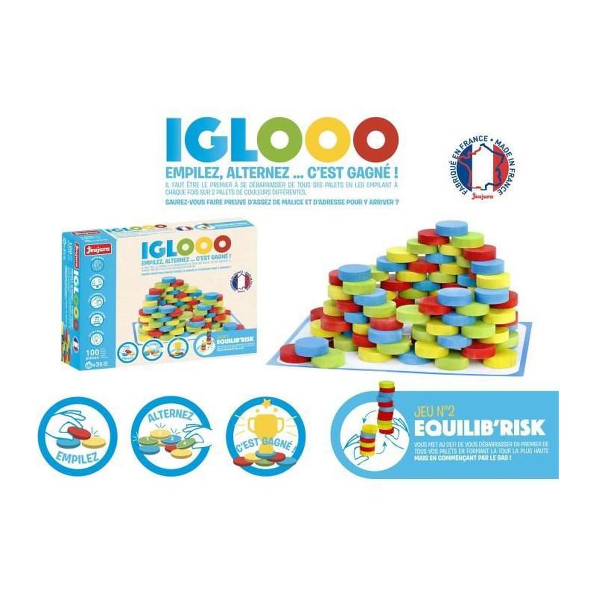 JEUJURA Iglooo 100 Pieces - JEUJURA - Jeu d'Adresse et de Logique avec Palets et Tapis, Regles des Jeux Incluses