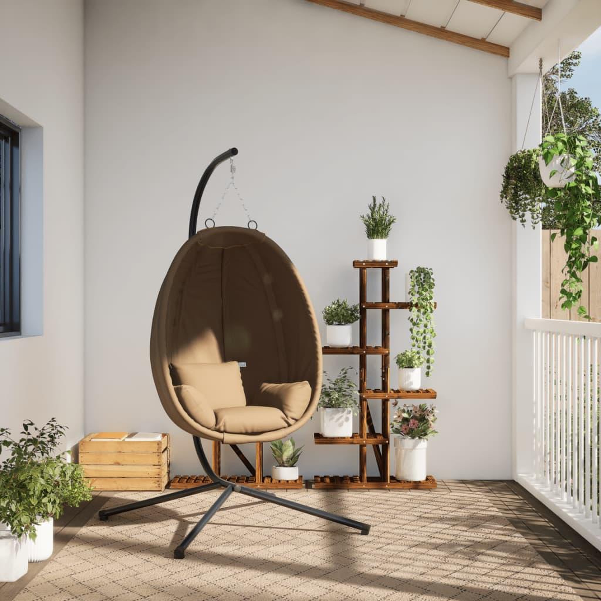 Voir la diapositive 3 : VIDAXL Chaise suspendue en forme d'œuf et support taupe tissu et acier