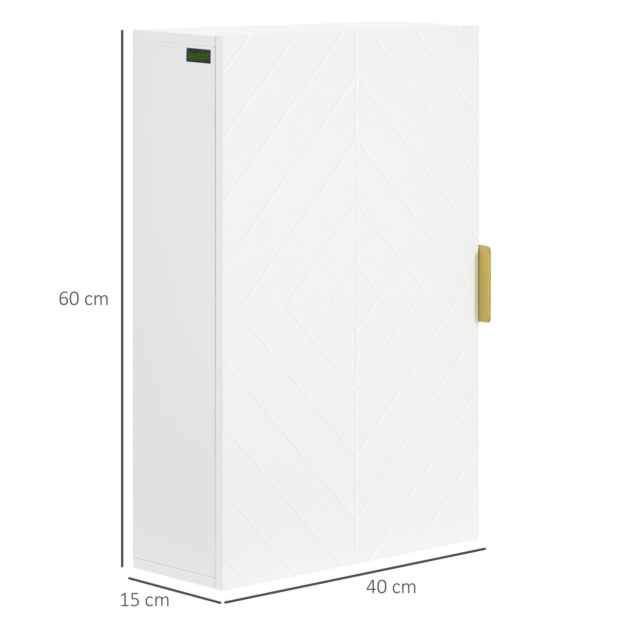 Voir la diapositive 3 : KLEANKIN Armoire murale de salle de bain - porte, 2 étagères - poignée métal doré mdf blanc
