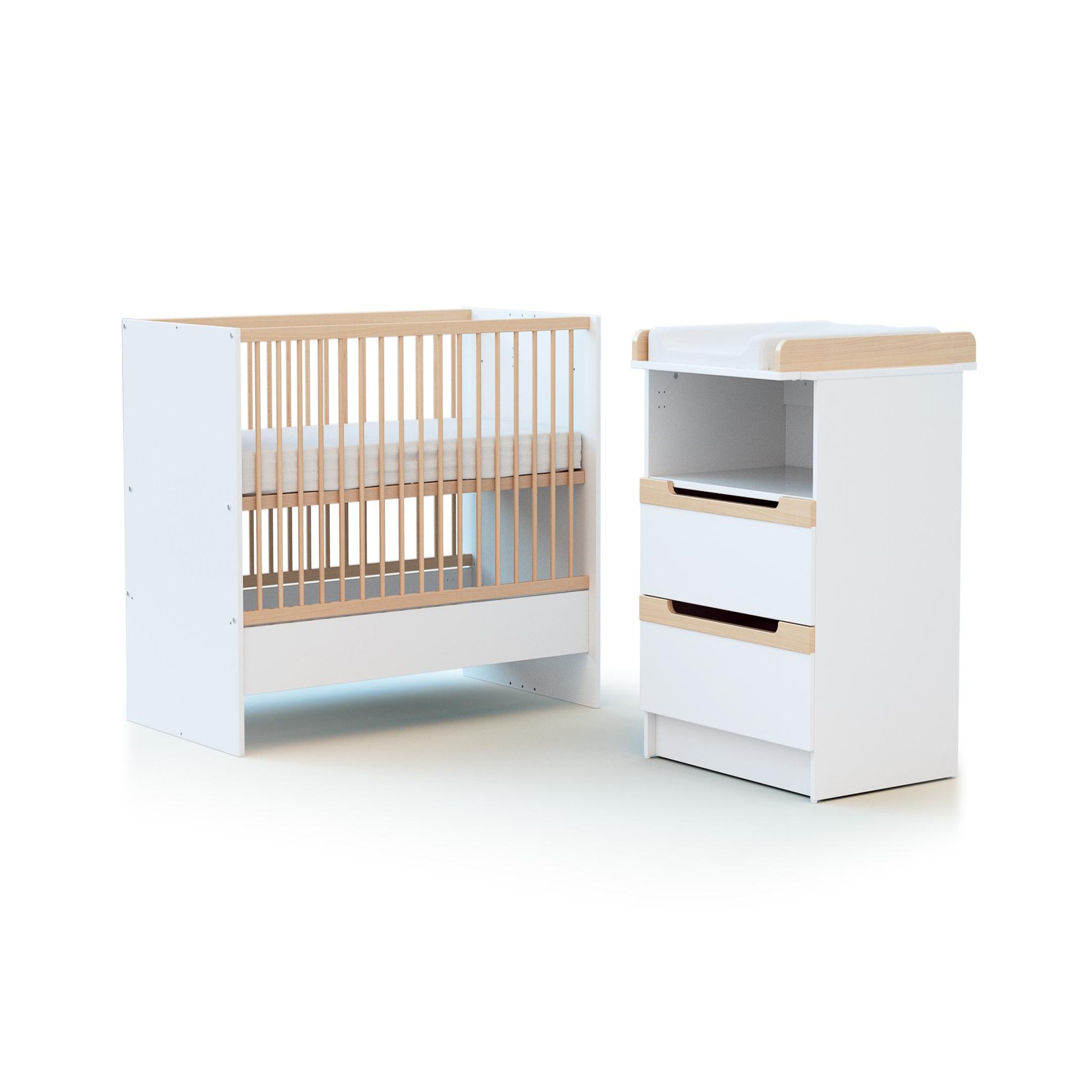 Voir la diapositive 2 : AT4 Combiné lit bébé évolutif en bois CARROUSEL Blanc et Hêtre Verni 60 x 120 cm