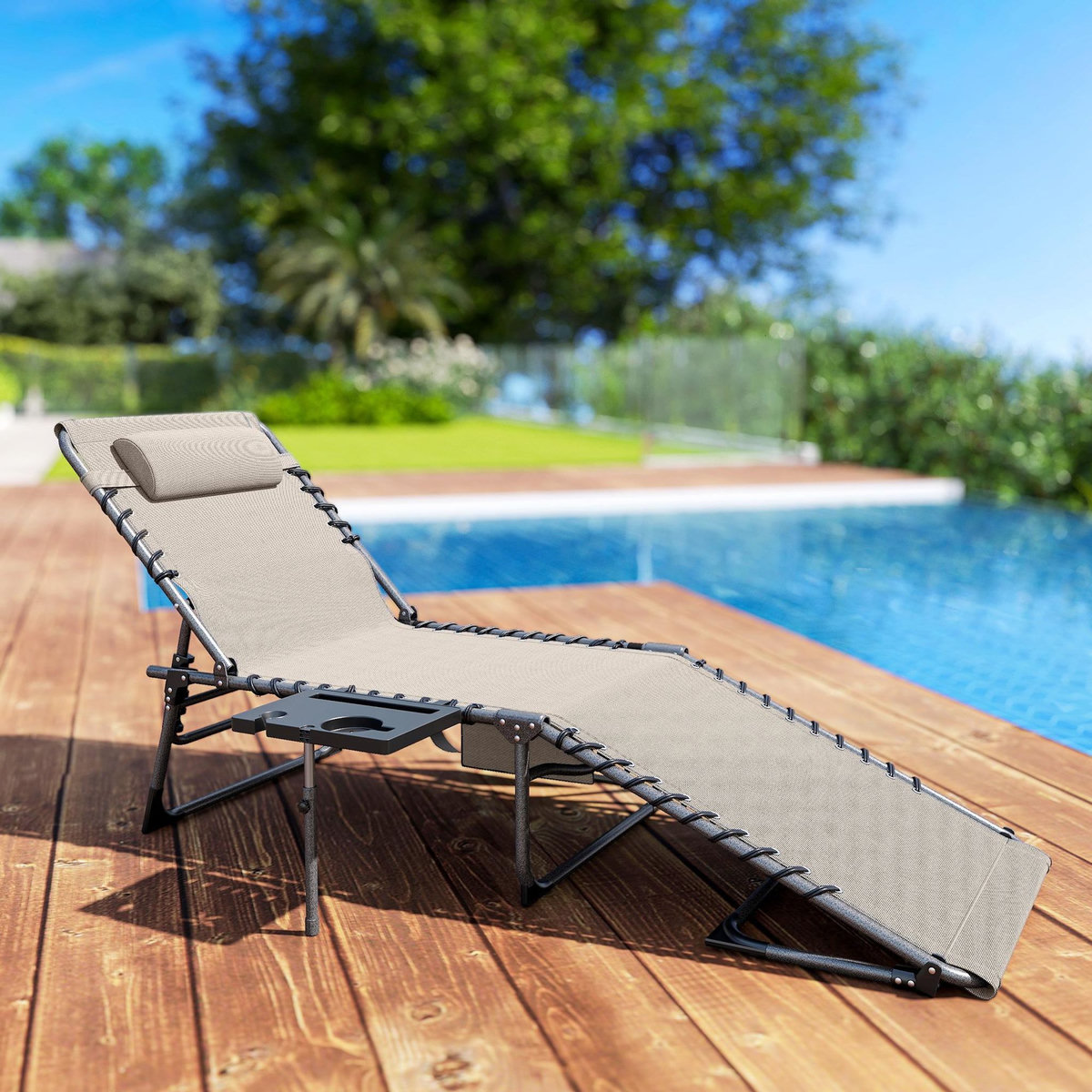 OUTSUNNY Bain de soleil transat pliable inclinable avec poignée, plateau et pochette rangement acier oxford crème