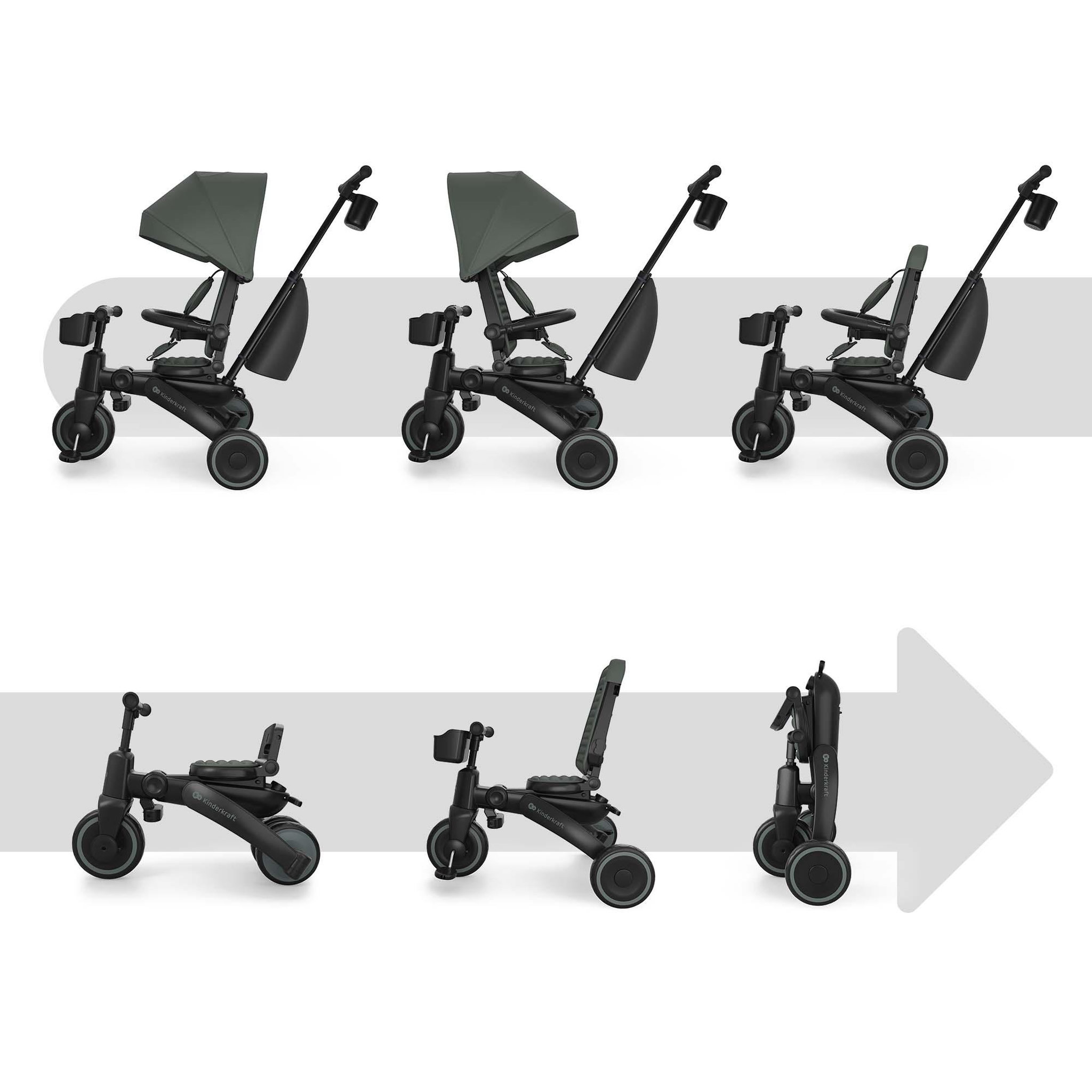 Voir la diapositive 2 : KINDERKRAFT Tricycle Kinderkraft JAZZ 3 pliant 6-en-1, siège pivotant, position semi-allongée, mode draisienne, capote UPF50+, Vert