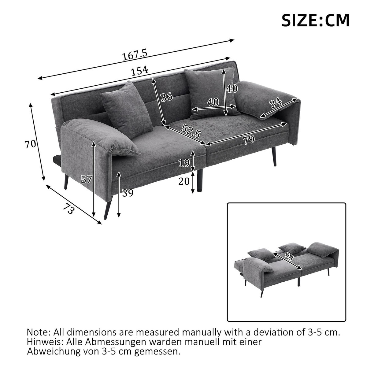 MERAX Canapé droit convertible 2 places tissu