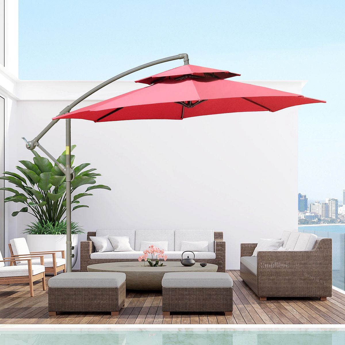 OUTSUNNY Parasol déporté octogonal inclinable manivelle Ø 2,65 x 2,45H m acier époxy polyester rouge