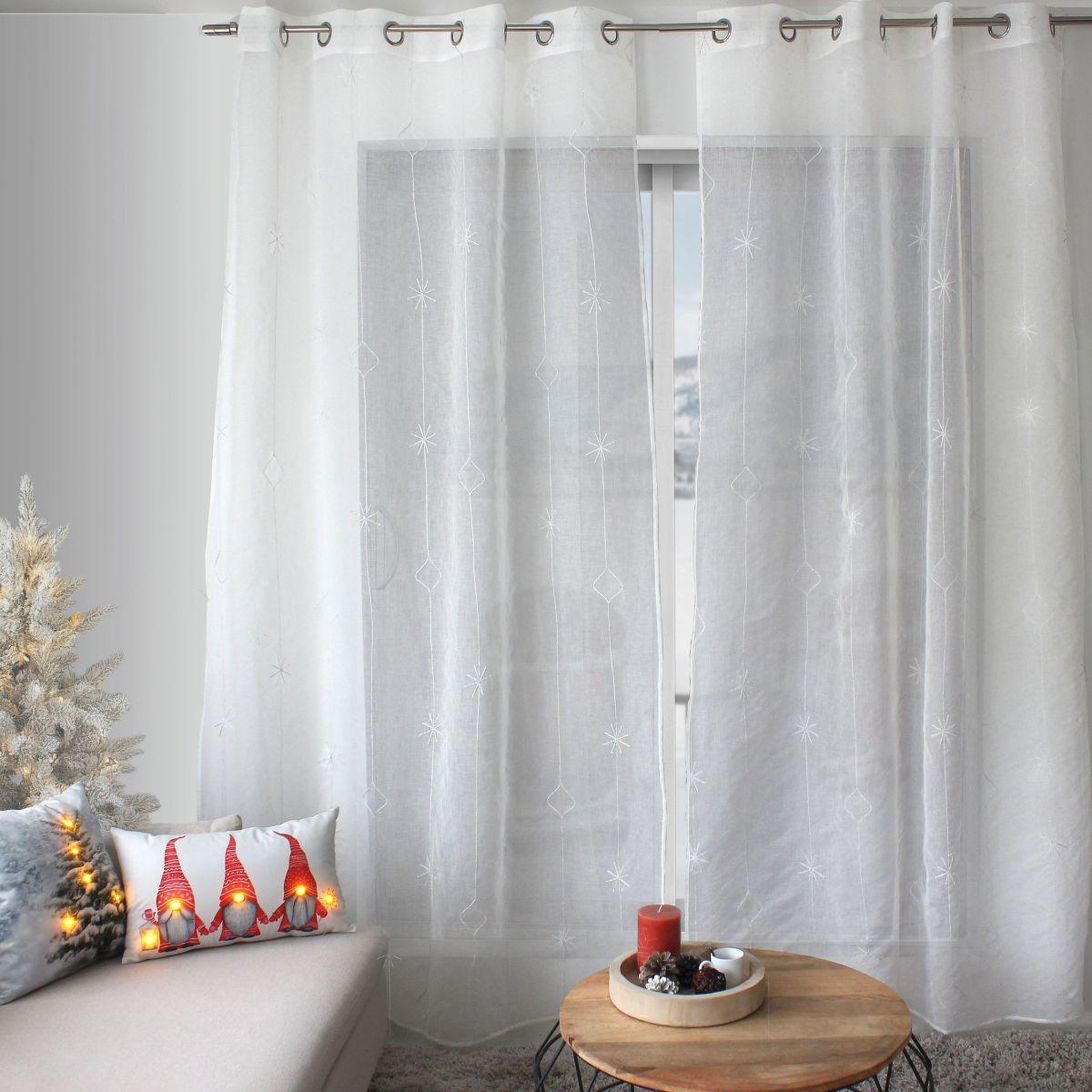 ENJOY HOME Rideau voilage brodé  noël  140x240cm blanc & argent