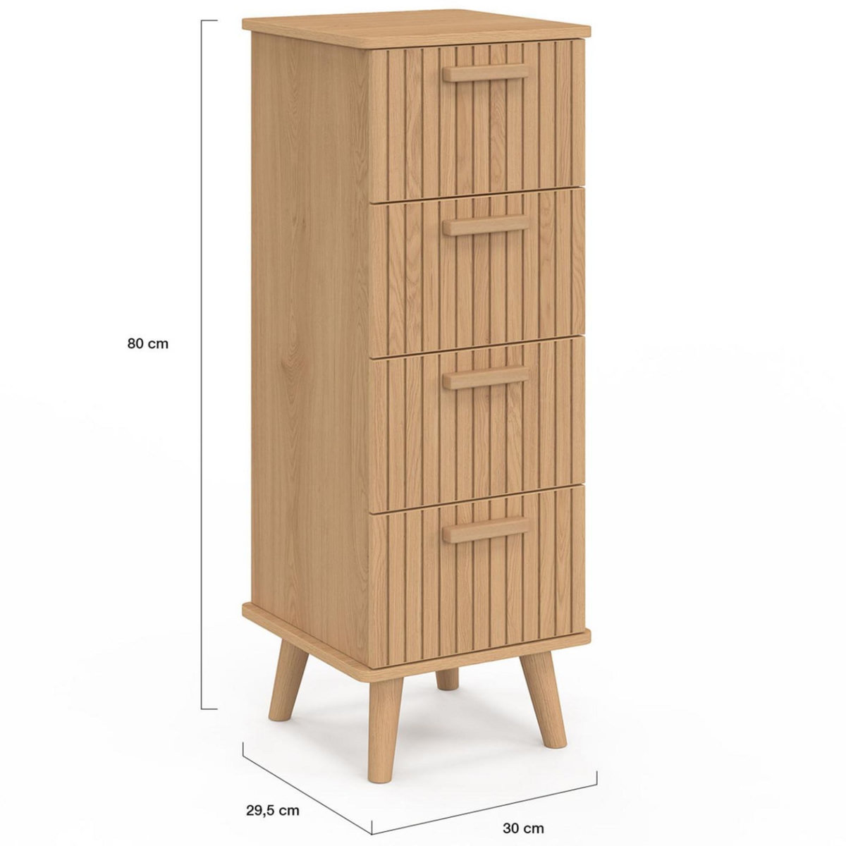 ID MARKET Meuble d'appoint 4 tiroirs JULIETTE 30 cm chiffonnier effet lattes tasseau bois coloris chêne