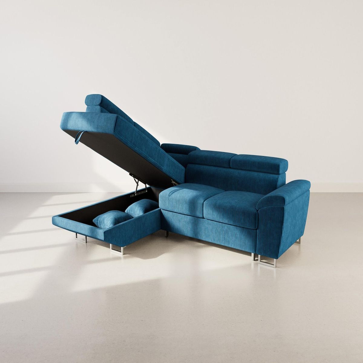 BEST MOBILIER Baoji - canapé d'angle gauche 5 places convertible avec têtières et coffre en velours côtelé