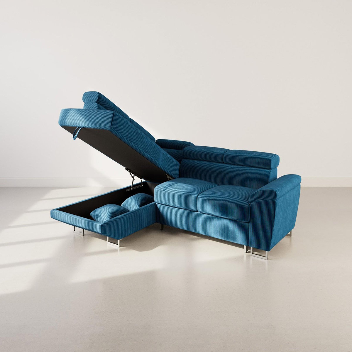 BEST MOBILIER Baoji - canapé d'angle gauche 5 places convertible avec têtières et coffre en velours côtelé