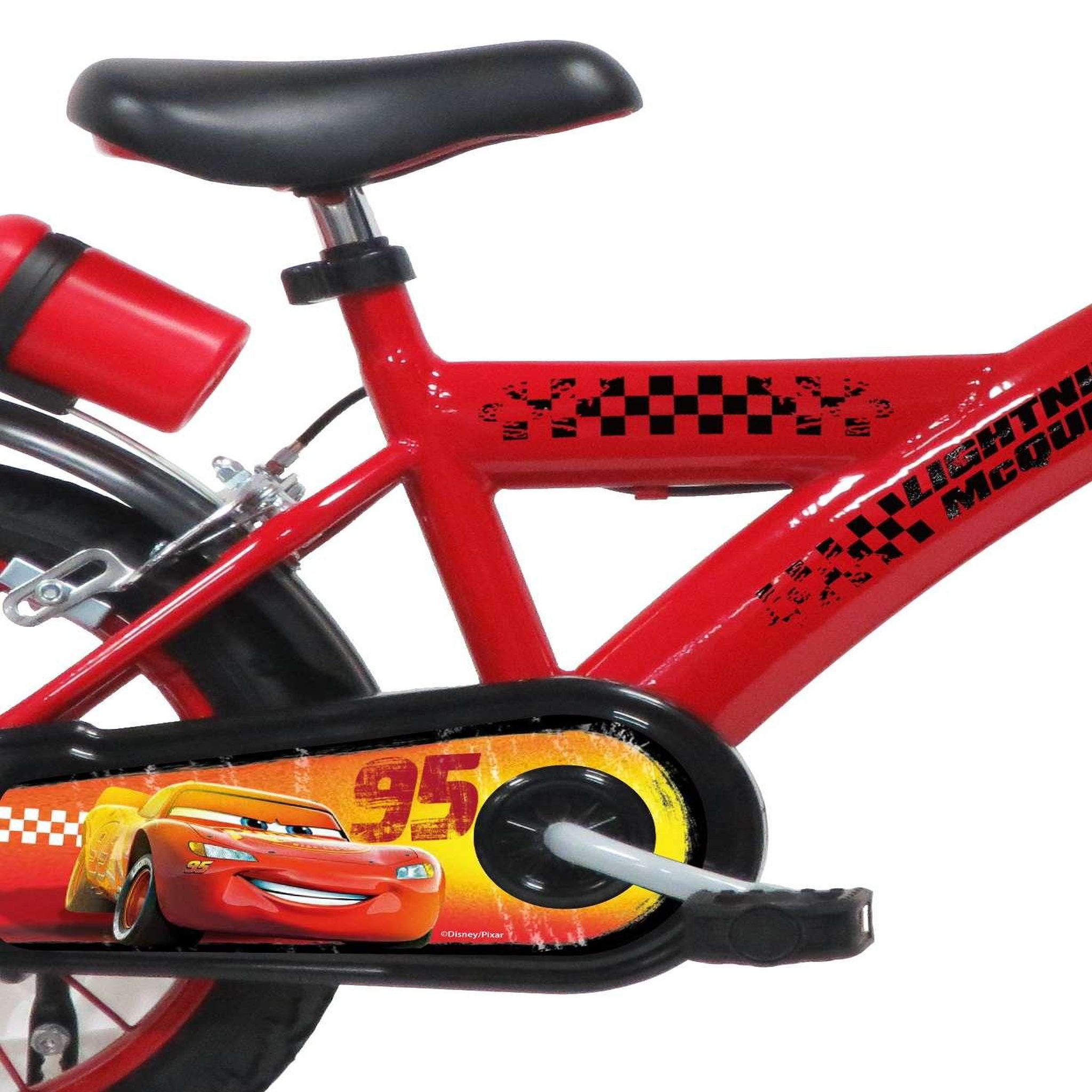 Voir la diapositive 3 : Disney Cars Vélo enfant - Modèle 14'' Cars pour enfant de 95/110 cm avec stabilisateurs - Plaque décorative avant - Porte bidon - 2 freins et pneus gonflables