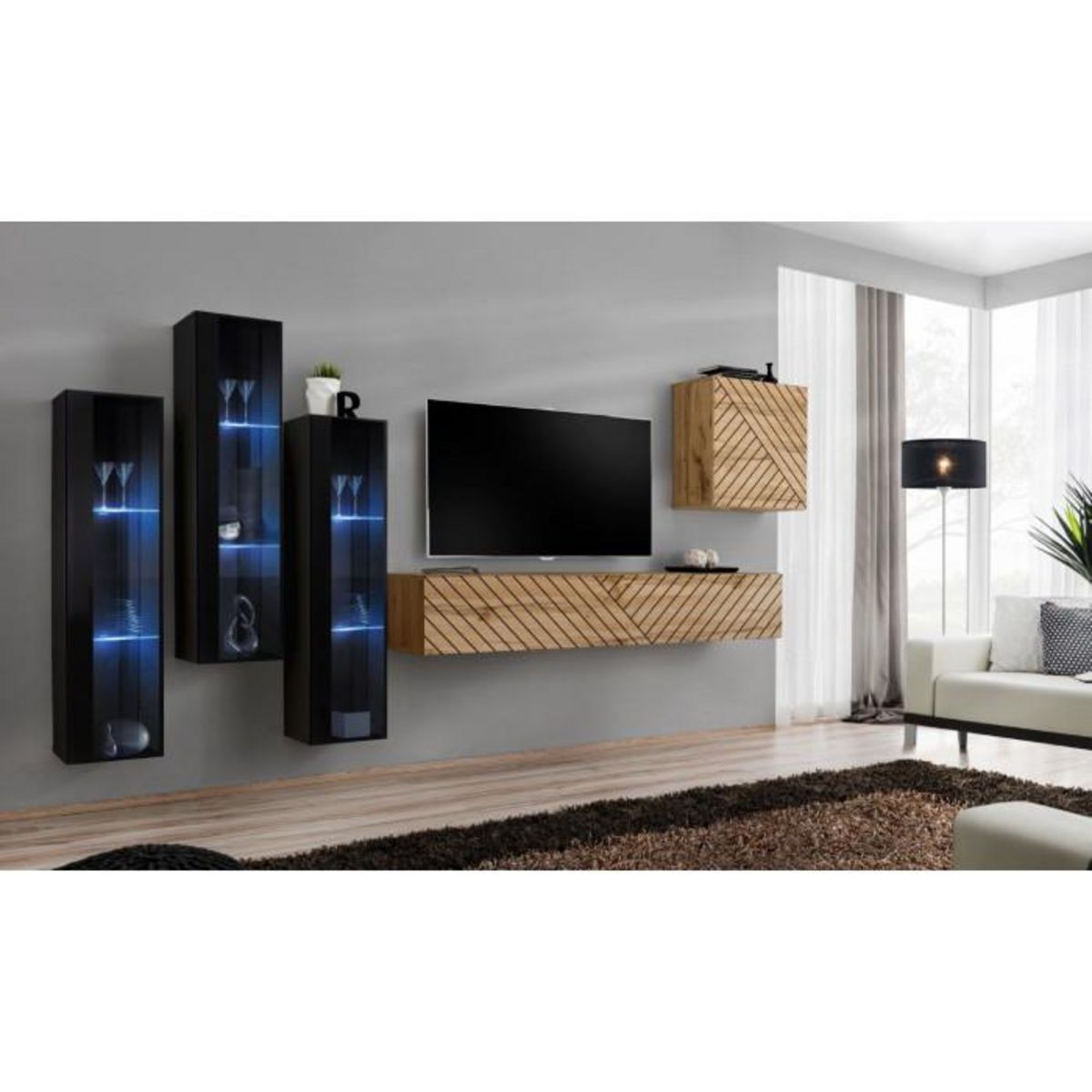 Paris Prix Ensemble Meuble TV  Switch Lamel XIII  330cm Naturel & Noir