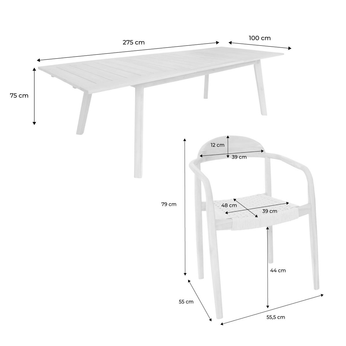 SWEEEK Table de jardin extensible bois d'acacia + 8 assises PALENA et CERINA  naturel et beige 275 x 100 x 75 cm
