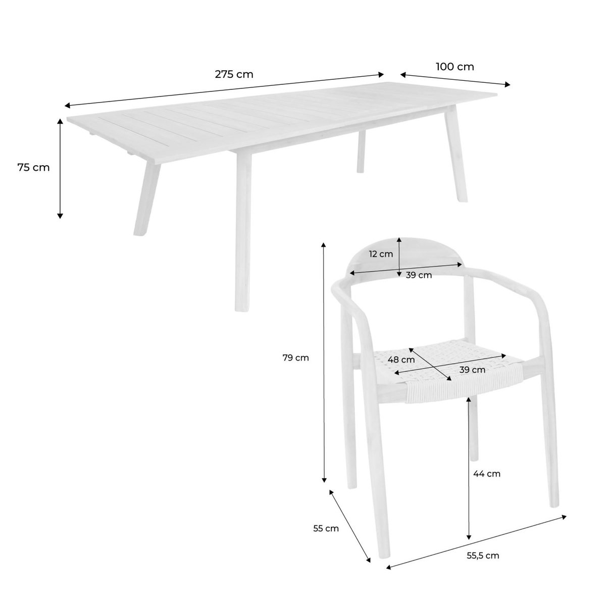 SWEEEK Table de jardin extensible bois d'acacia + 8 assises PALENA et CERINA  naturel et beige 275 x 100 x 75 cm