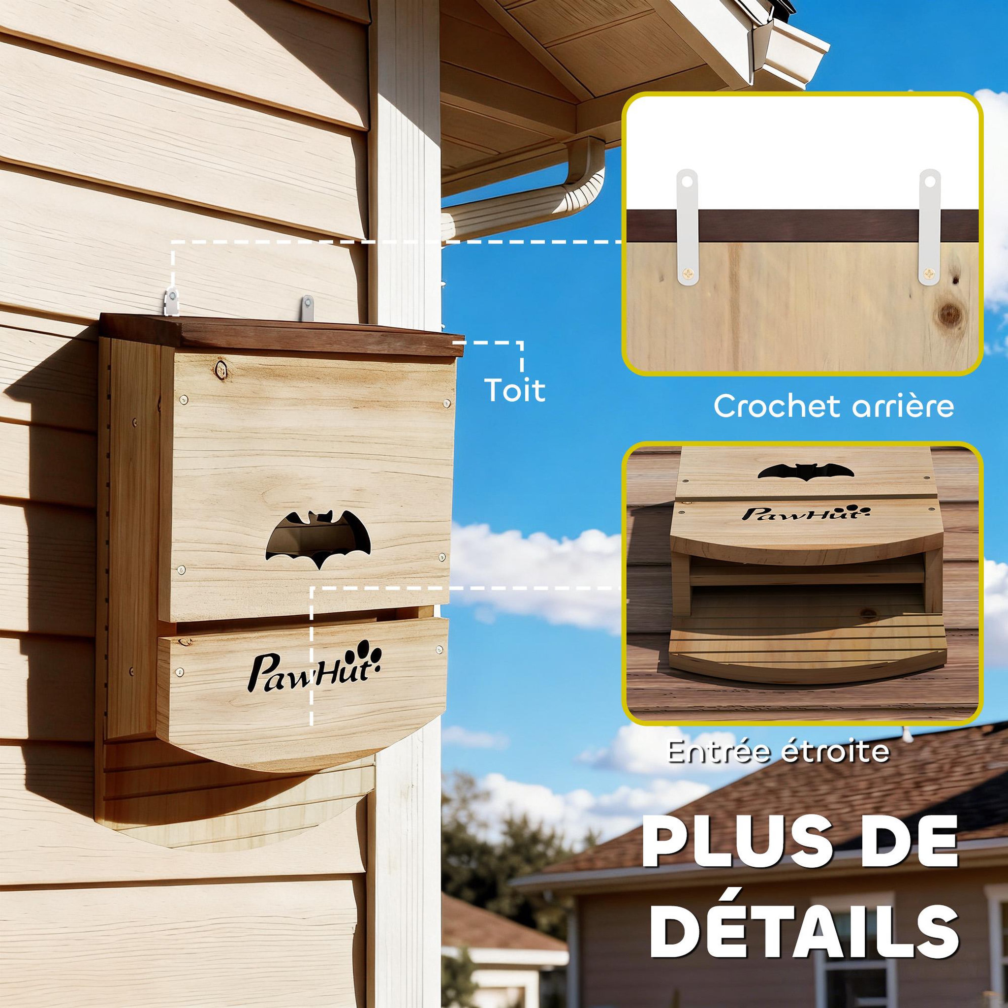 Voir la diapositive 6 : PAWHUT Lot de 3 nichoirs chauve-souris plateforme et 2 chambres bois marron