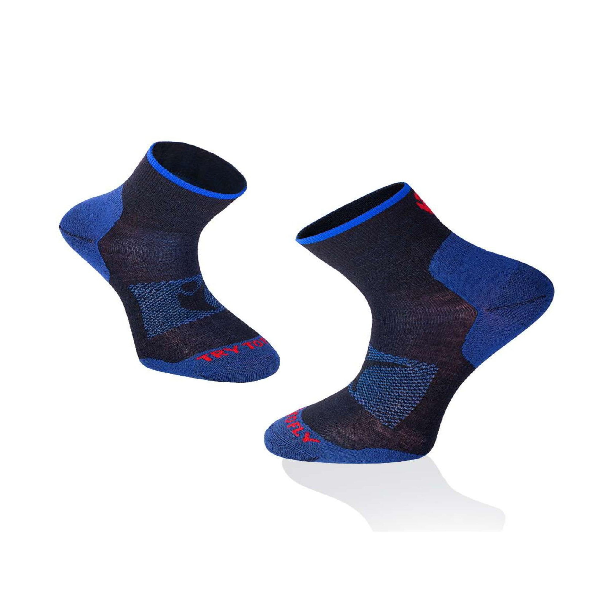 TRY TO FLY Chaussettes de randonnée courtes fines laine mérinos bleues. Coloris disponibles : Bleu