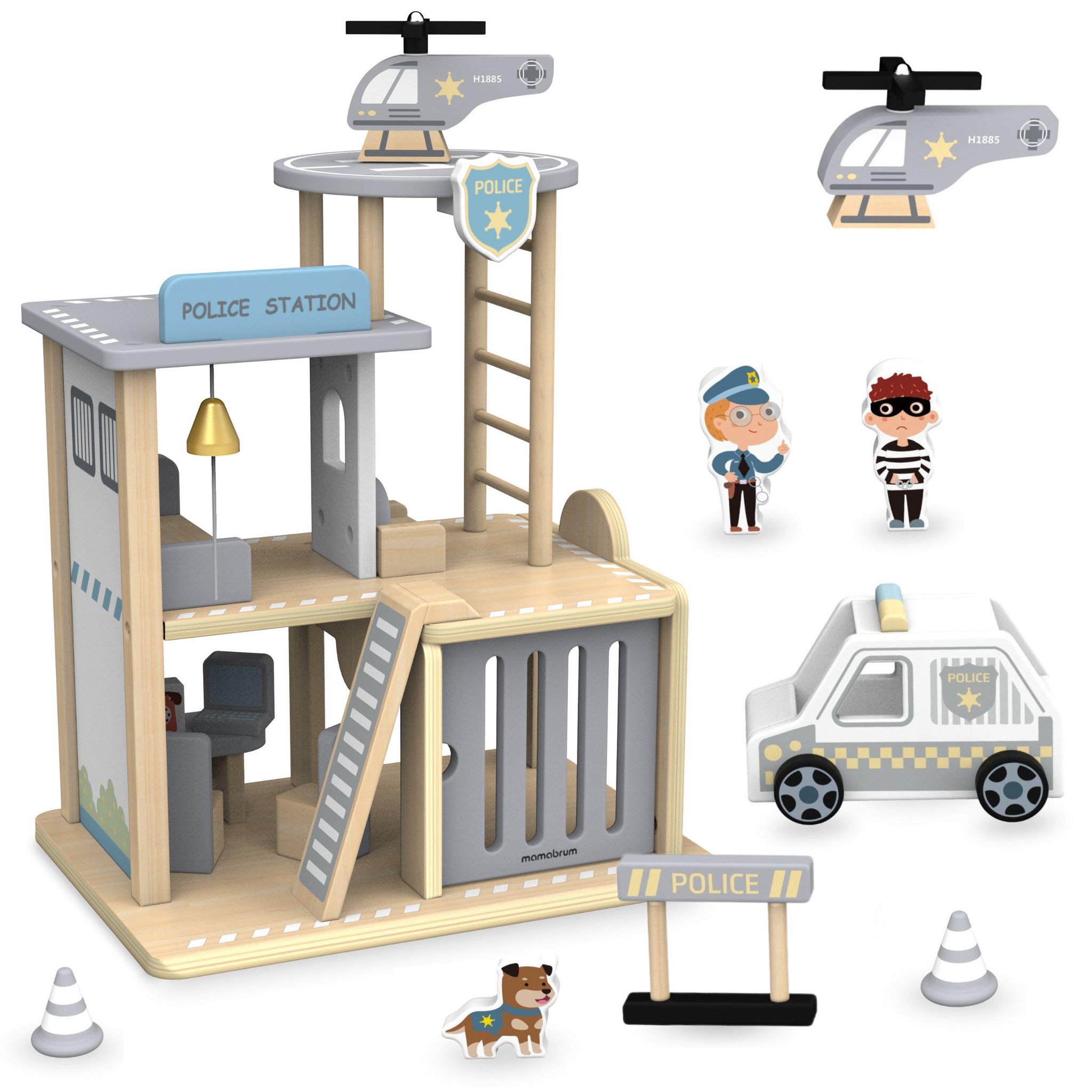 MAMABRUM Poste de Police en Bois avec Accessoires, Voiture, Hélicoptère et Figurines, dès 3 Ans