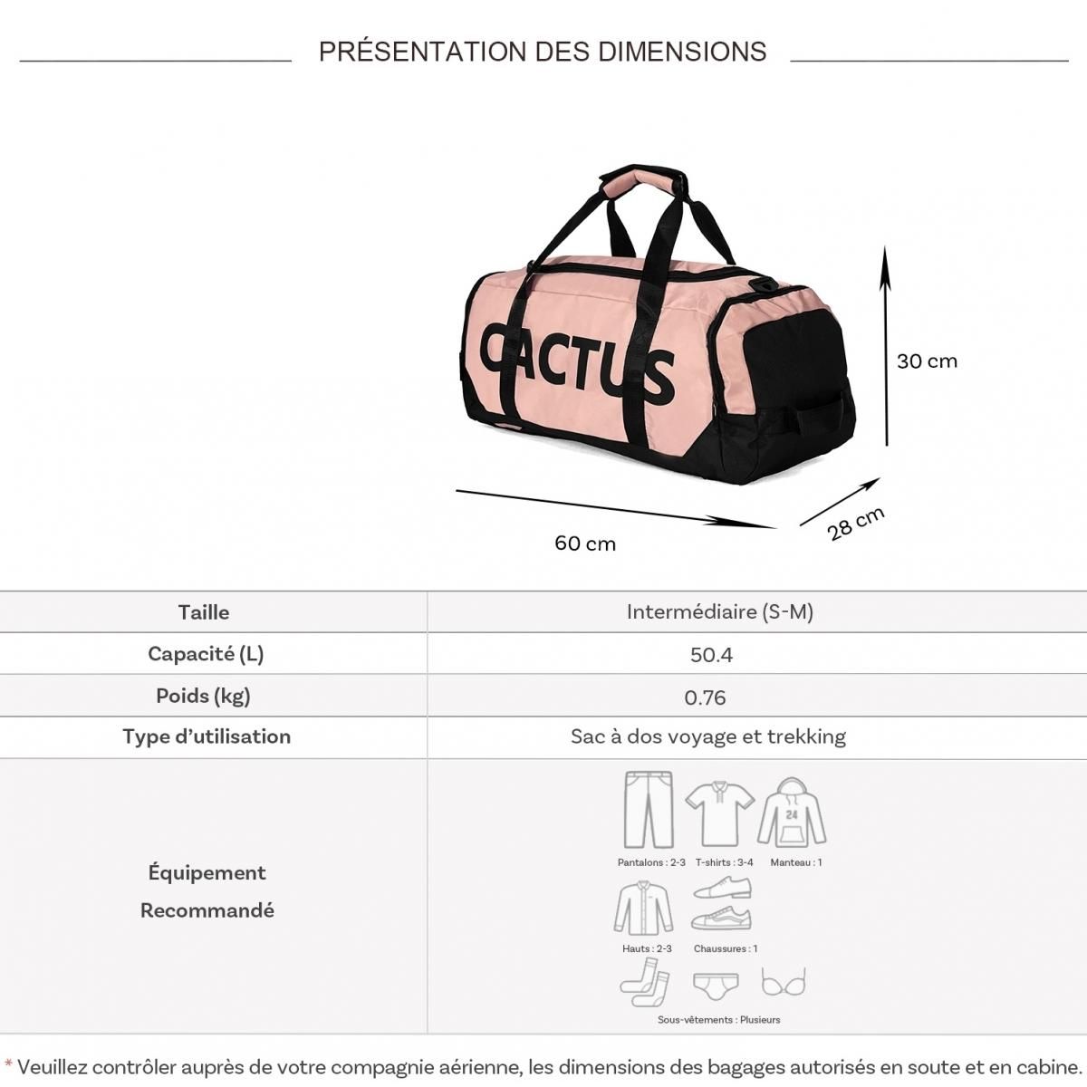 Cactus Sac de voyage week-end et sport 50L 2en1 porté dos sans roulettes