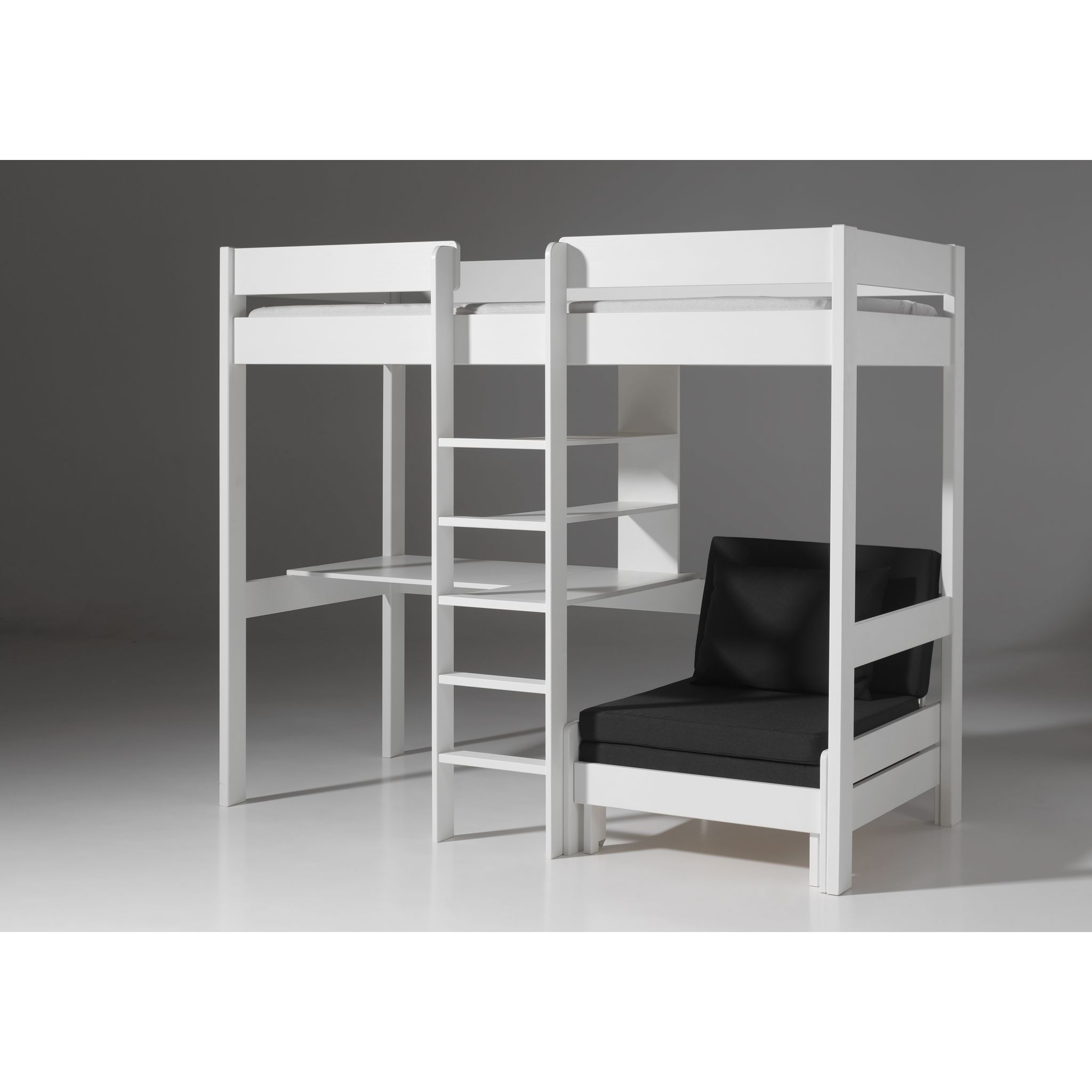 Lit mezzanine+ banquette transformable WOODY. Coloris disponibles : Gris, Blanc