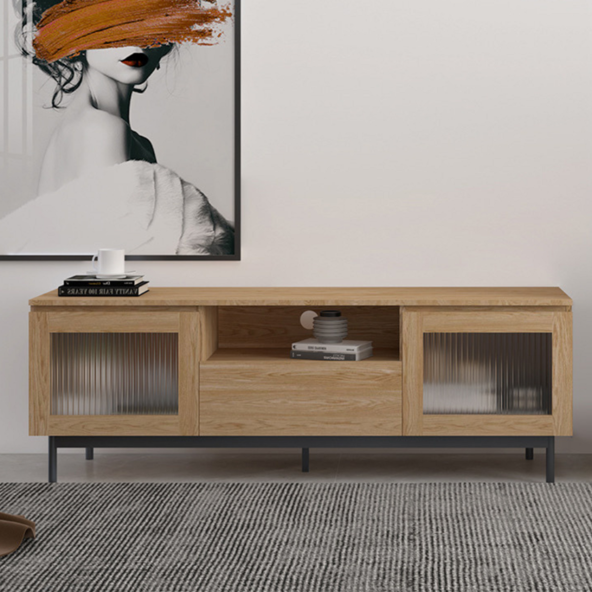 CONCEPT USINE Meuble TV 160cm avec portes de placards en verre flûté PRAGUE