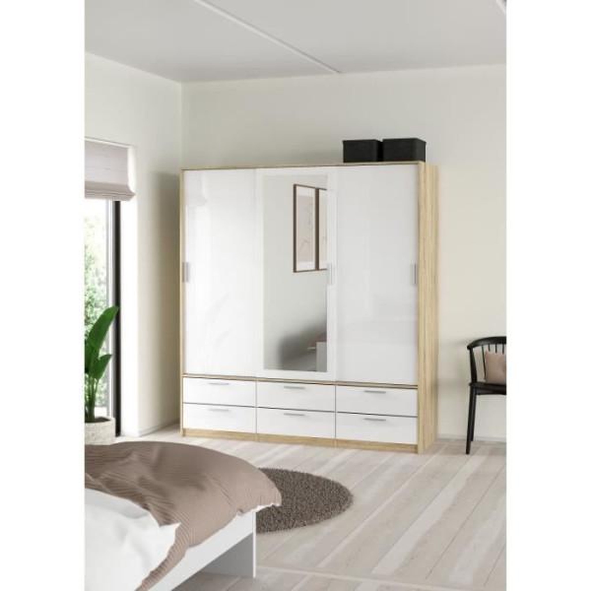 Voir la diapositive 2 : MARKET24 Armoire - Décor Blanc et chene + miroir - 3 portes coulissantes - 6 tiroirs - L181,4 x P60,25 x H200 cm - ONTARIO