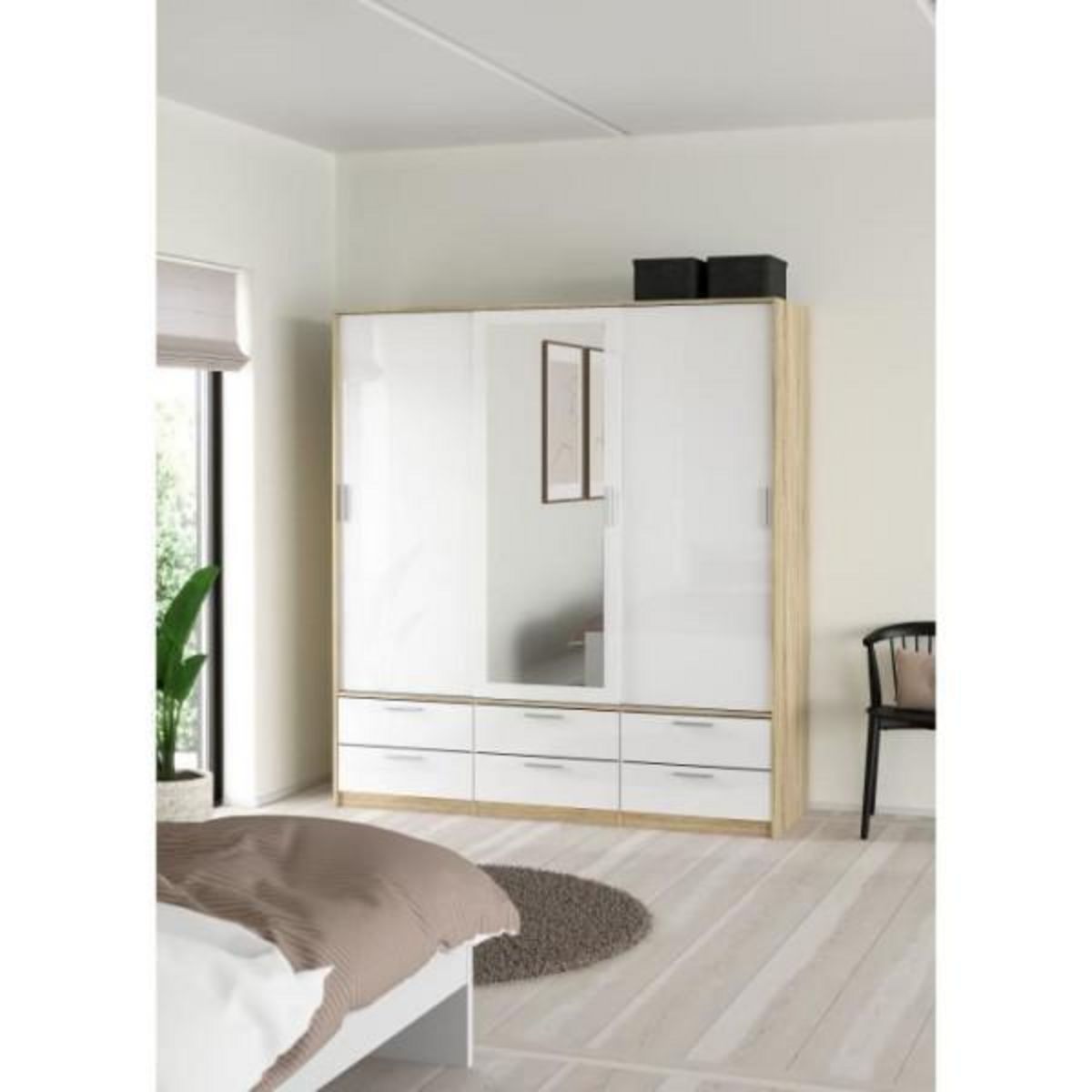 MARKET24 Armoire - Décor Blanc et chene + miroir - 3 portes coulissantes - 6 tiroirs - L181,4 x P60,25 x H200 cm - ONTARIO