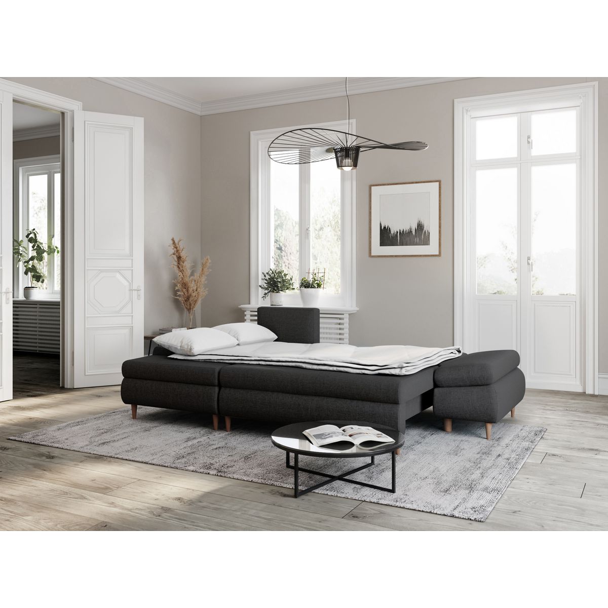 Canapé d'angle gauche convertible en tissu avec coffre 5 places NOA