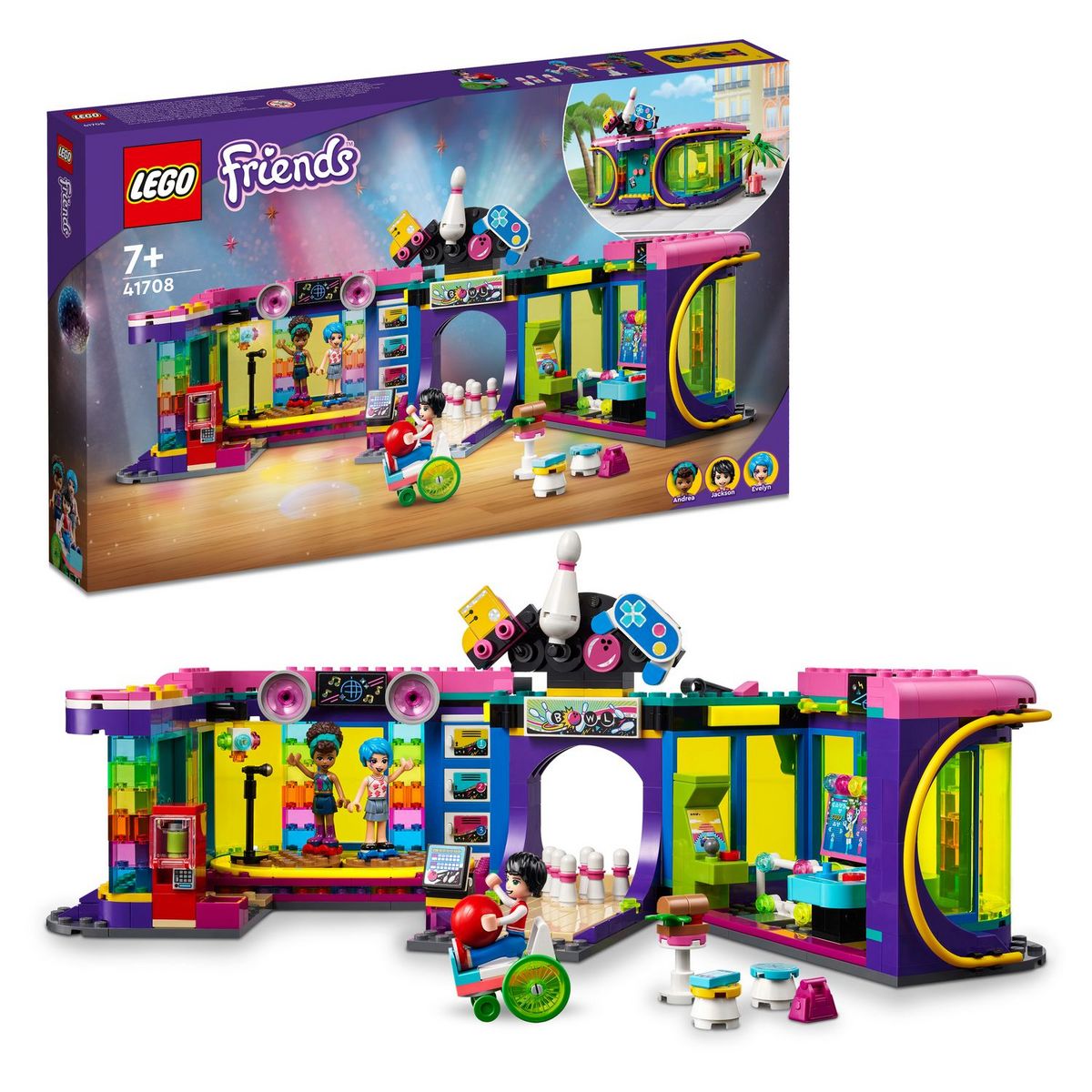 LEGO Friends 41708 La Salle d&rsquo;Arcade Roller Disco, Jouet, Mini-poupées, Enfants de 7 Ans
