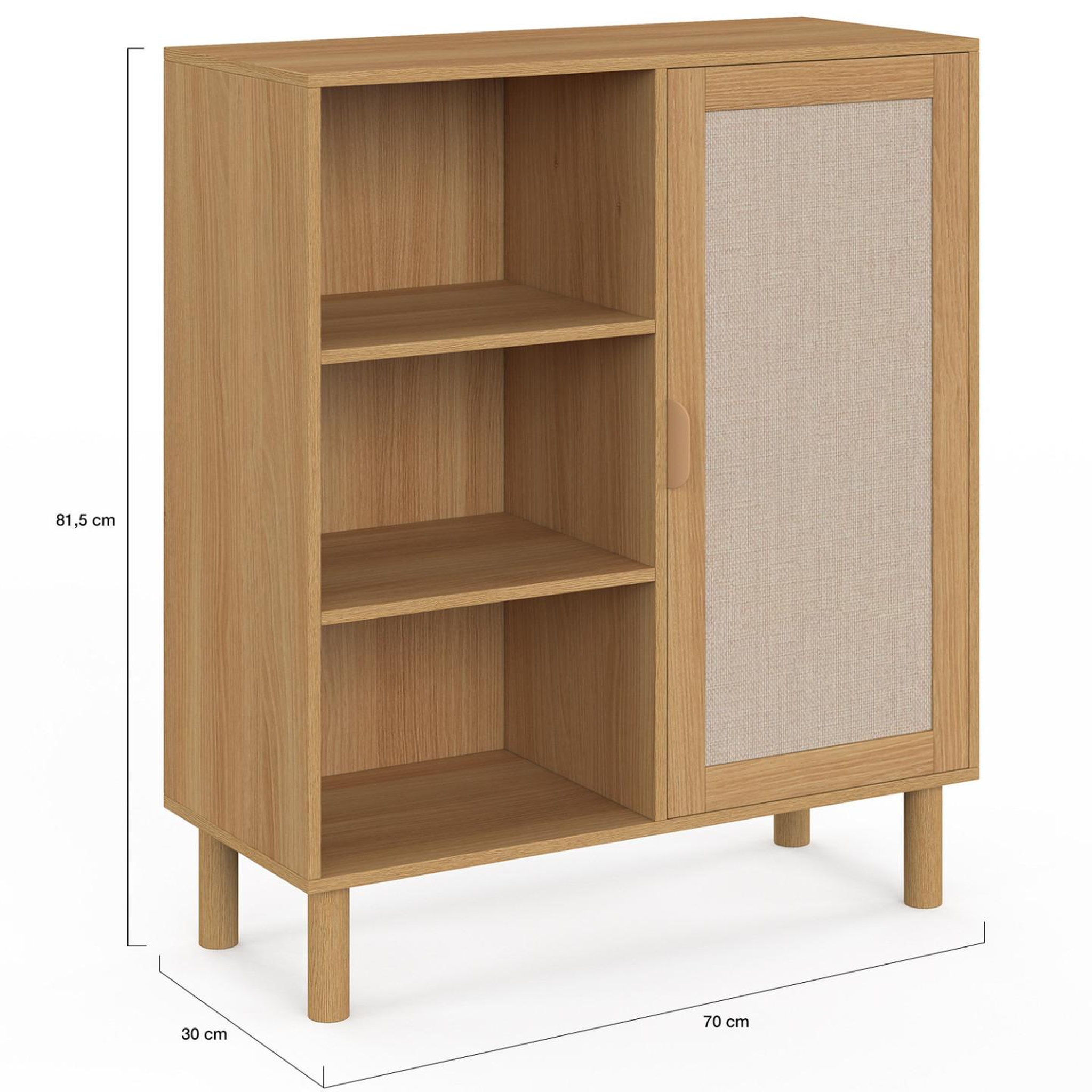 Voir la diapositive 4 : ID MARKET Buffet d'appoint 3 étagères et placard 70 cm ROBIN meuble de rangement bois et tissu effet lin