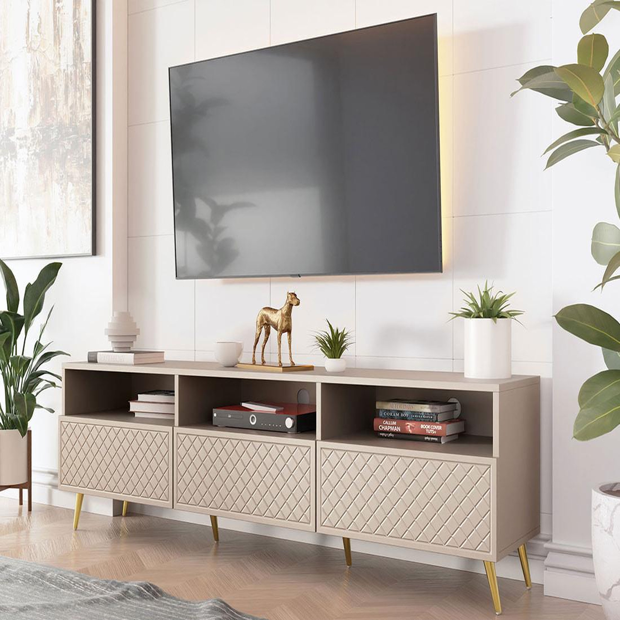 Voir la diapositive 3 : BEST MOBILIER Sorolla - meuble tv - 3 tiroirs et 3 niches - 195 cm