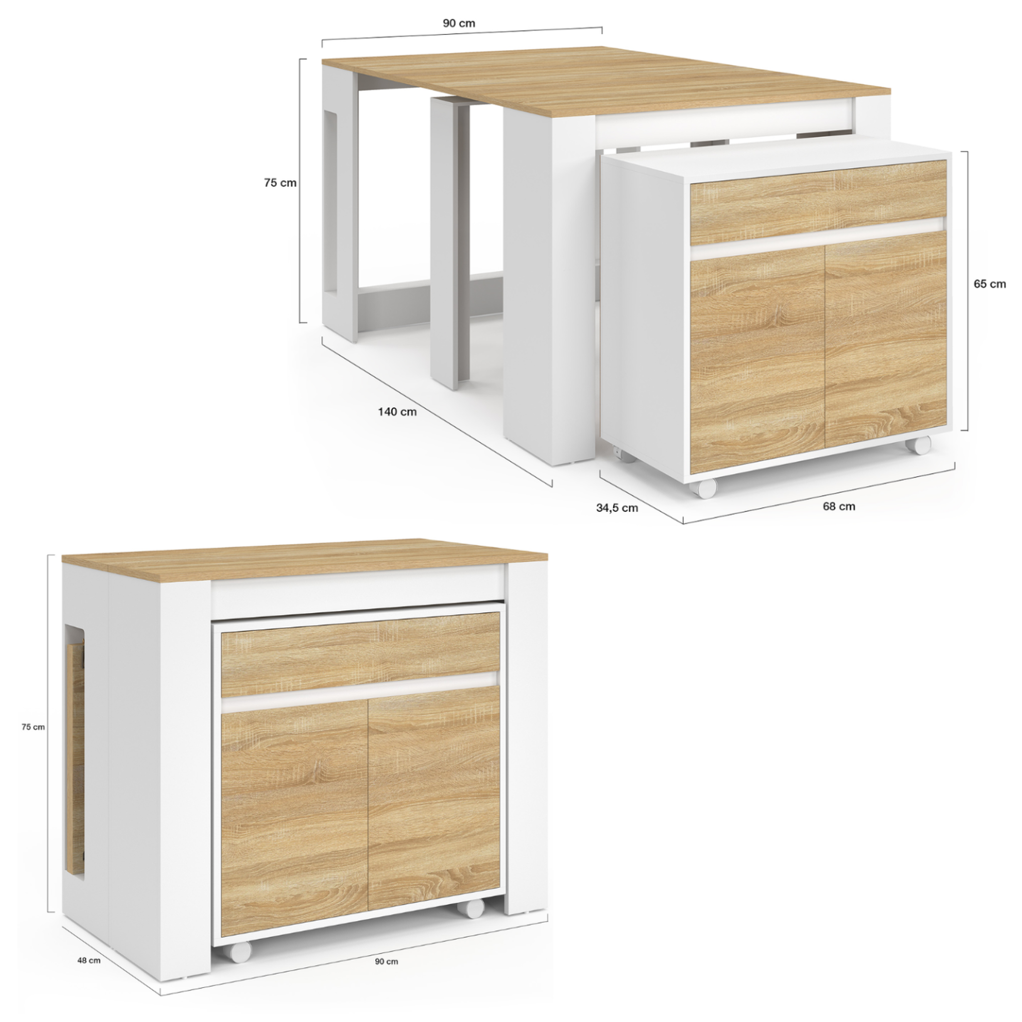 Voir la diapositive 5 : ID MARKET Table buffet extensible orlando 6 personnes 140 cm bois blanc façon hêtre