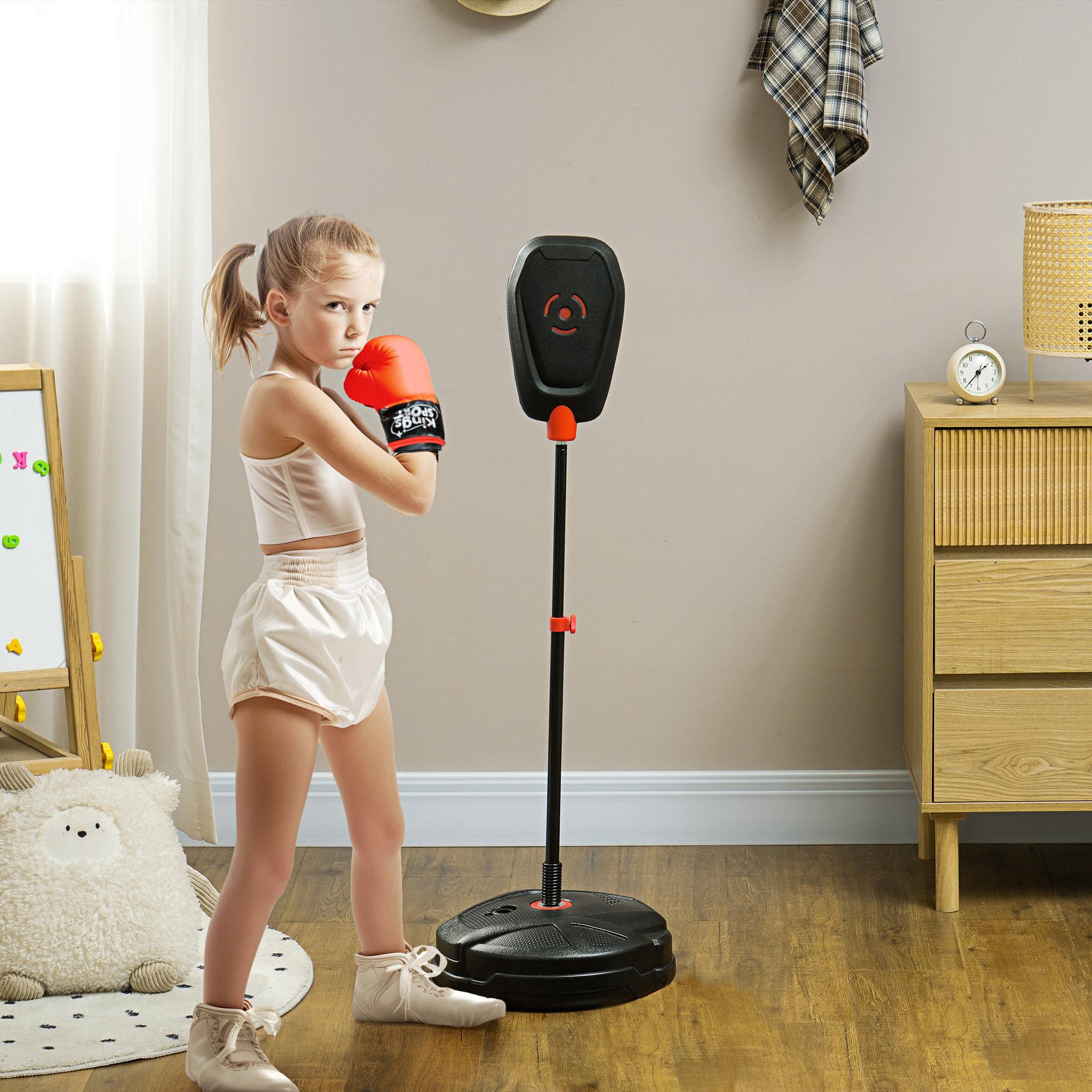 Voir la diapositive 2 : HOMCOM Punching ball enfant - sac de frappe enfant - hauteur réglable - base lestage, 2 gants inclus - rouge noir