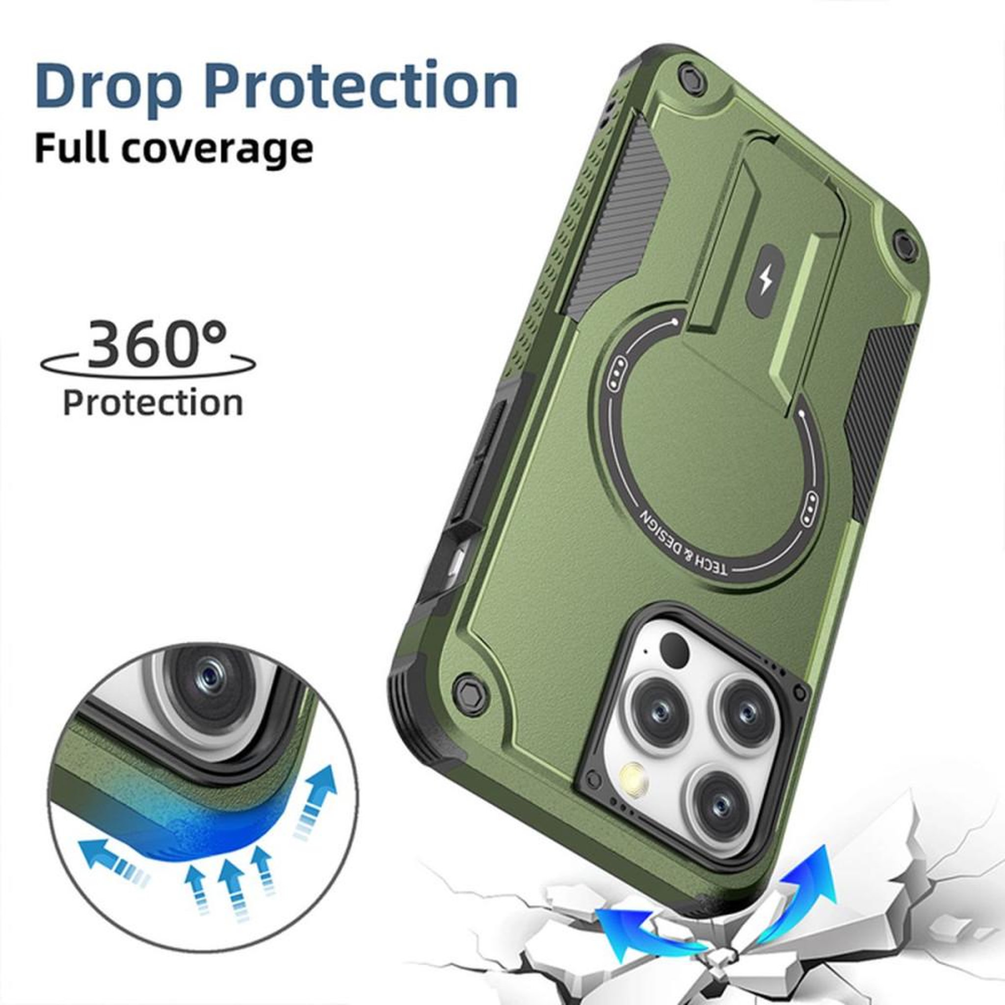 Voir la diapositive 2 : Coque iPhone 15 Pro Max MagSafe magnétique HCT Style verte anti-choc avec support intégré et anneau