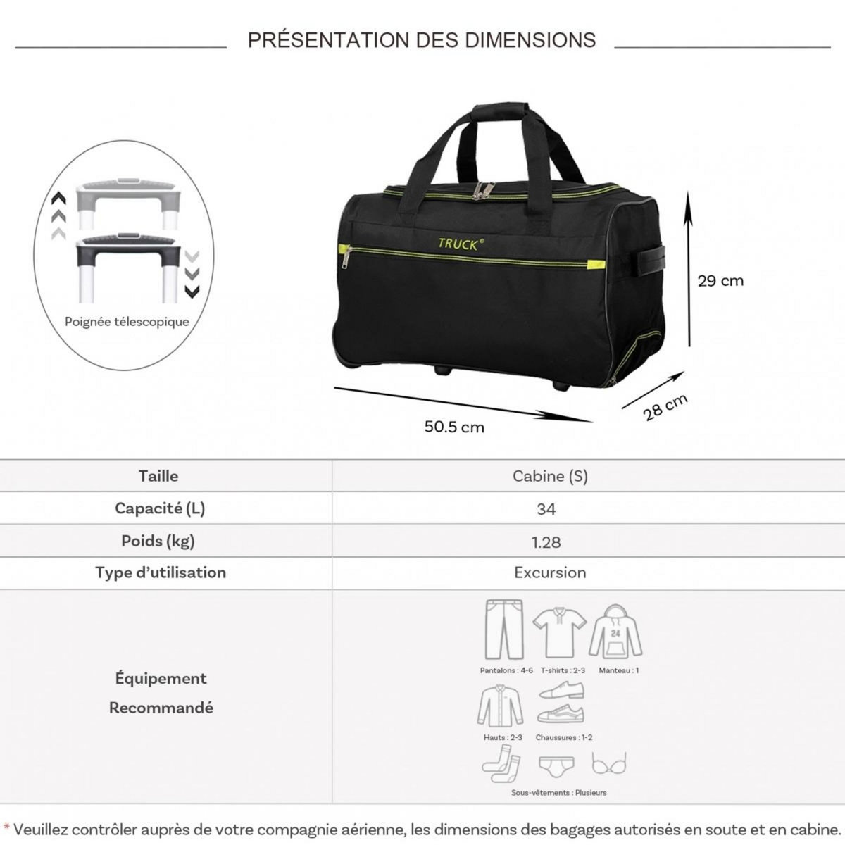 TRUCK Sac de voyage cabine avec roulettes 34L  50.50cm