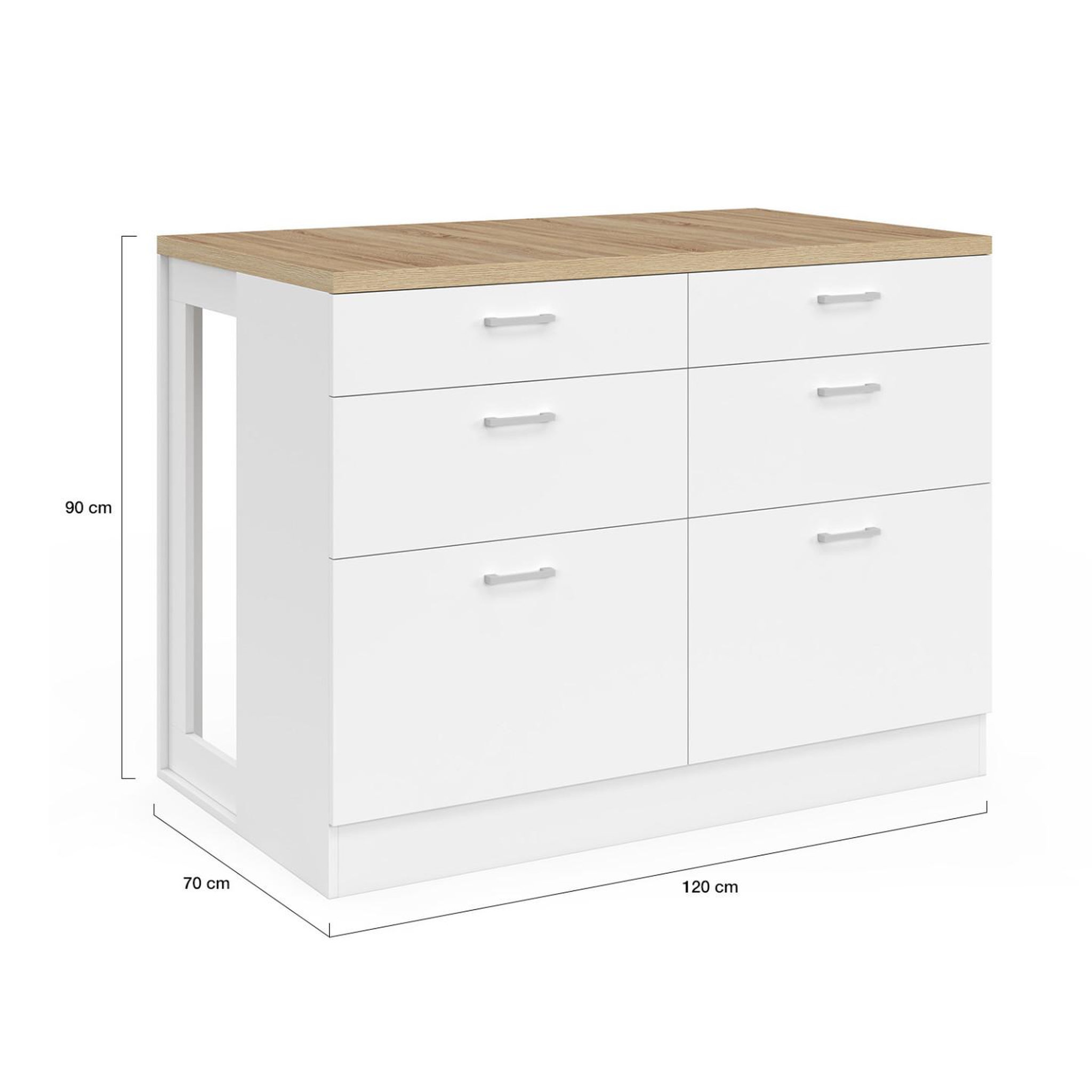 Voir la diapositive 5 : ID MARKET Ilot central mange-debout orso 120 cm casserolier 6 tiroirs blanc avec plan de travail façon hêtre