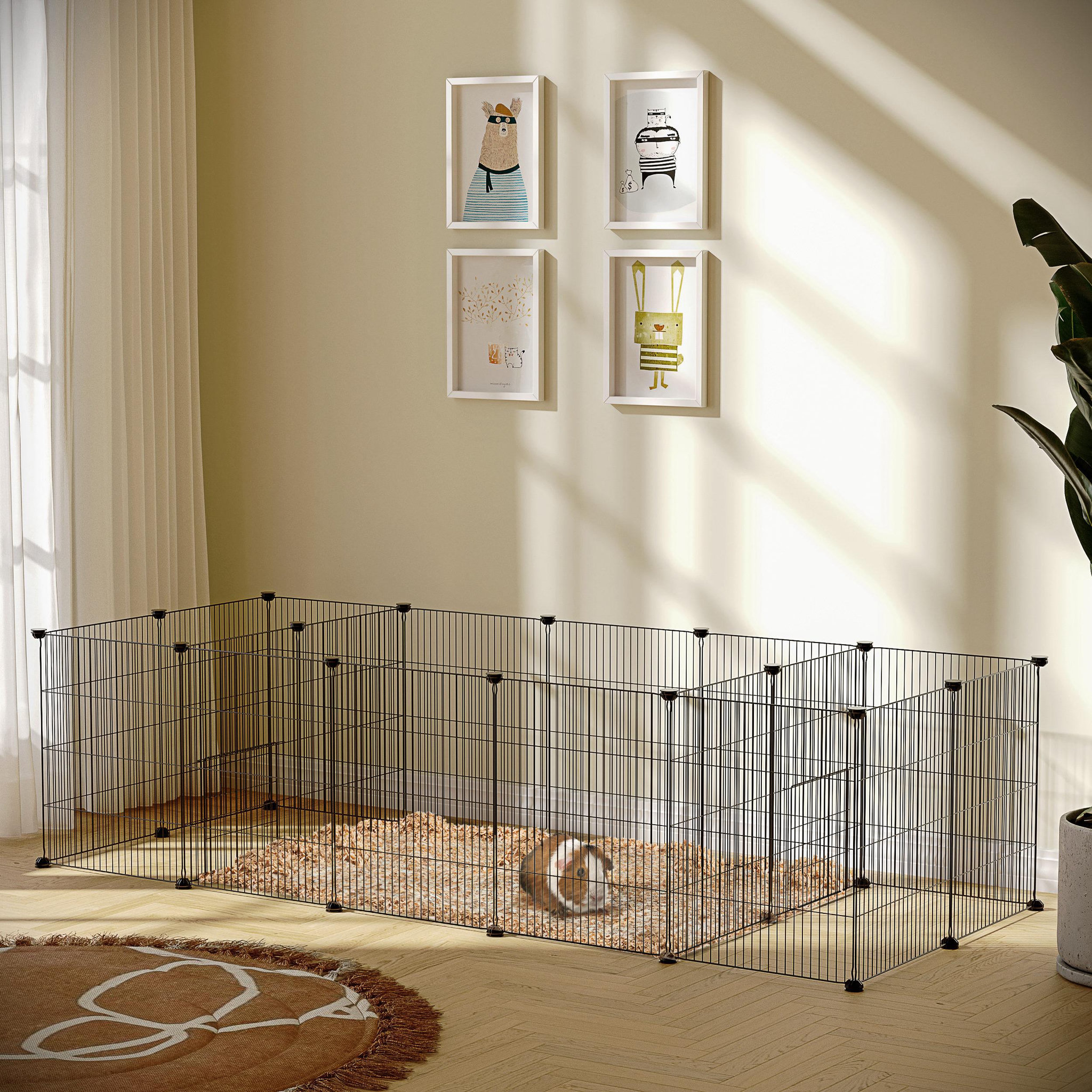 Voir la diapositive 2 : PAWHUT Parc enclos modulable petits animaux lapins rongeurs chiots - 18 panneaux en fil d'acier - 2 portes - 175l x 70l x 45h cm - noir